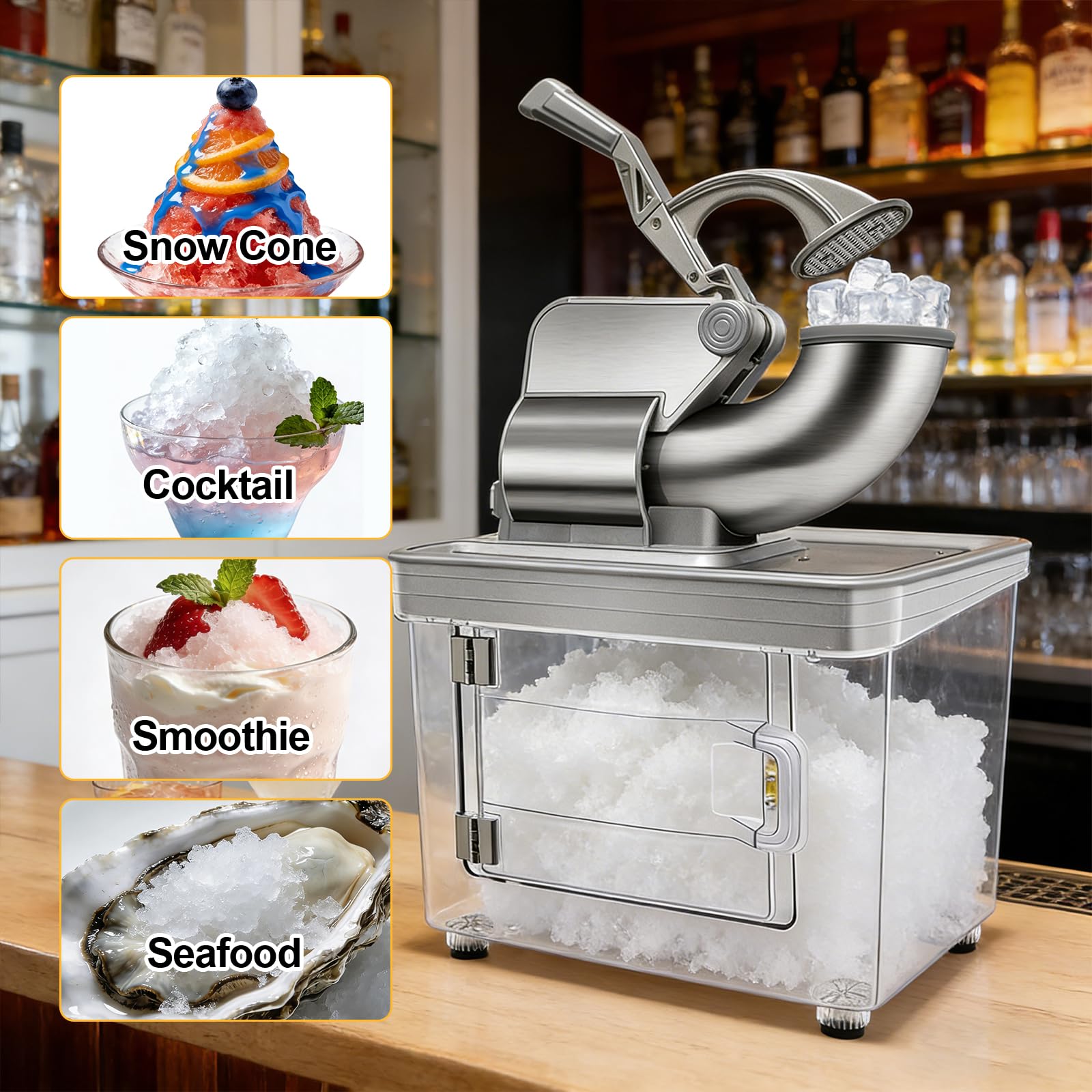 700lbs/h Snow Cone Machine Commercial Ice Shaver Dual Blade Stainless Steel | Snow cone maker,Ice shaver machine,Dual blade system,1450 RPM high-speed,40L side-access bin,Restaurant/Bar/Cafe/Bubble tea