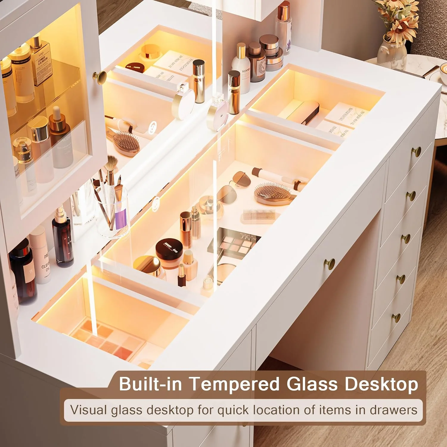 Vanity Desk with Mirror and Lights, Glass Top Makeup Vanity with RGB Light and Charging Station for Girls, White - Image 3