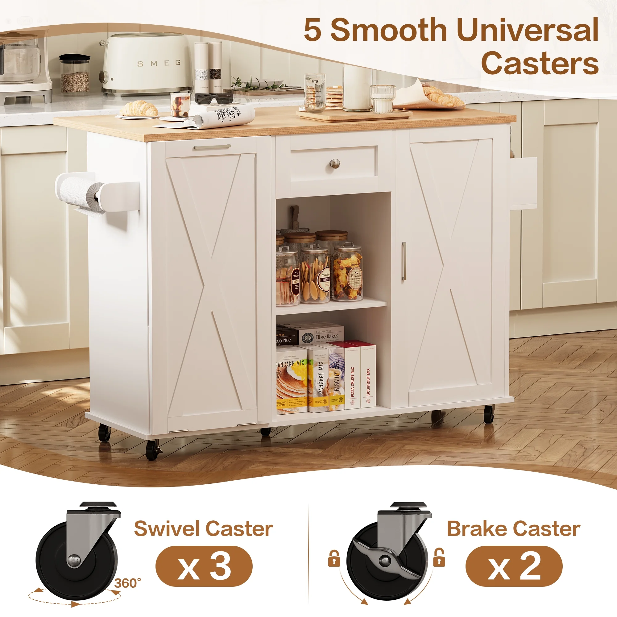 48" Kitchen Island Cart with Drop Leaf, 10 Gallon Storage and Tilt Out Trash Can Cabinet, Portable Kitchen Island with Wheels Drawer and Adjustable Shelves for Kitchen, White(White) - Image 5