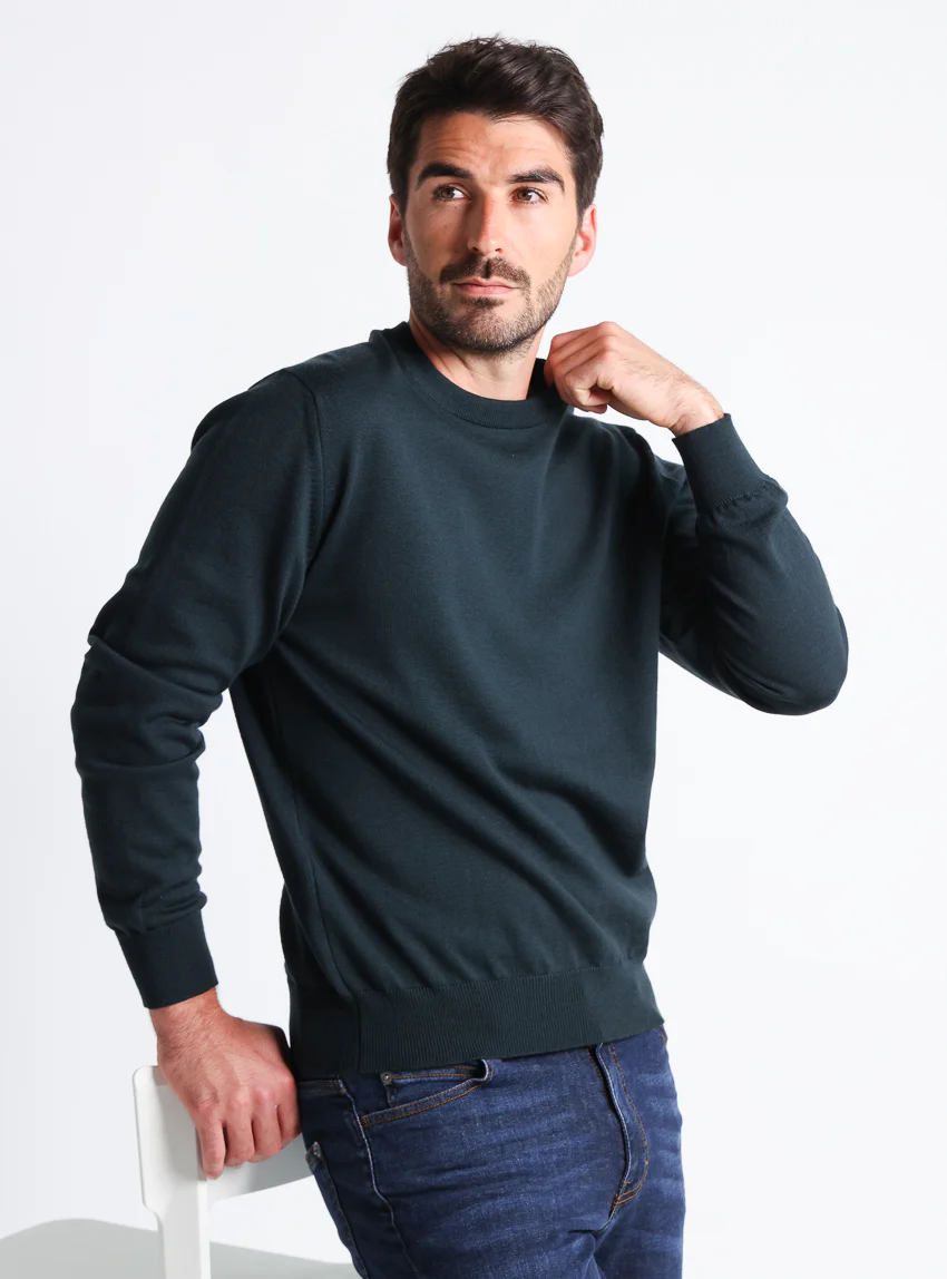 Pull homme col rond laine merinos Vert Sombre