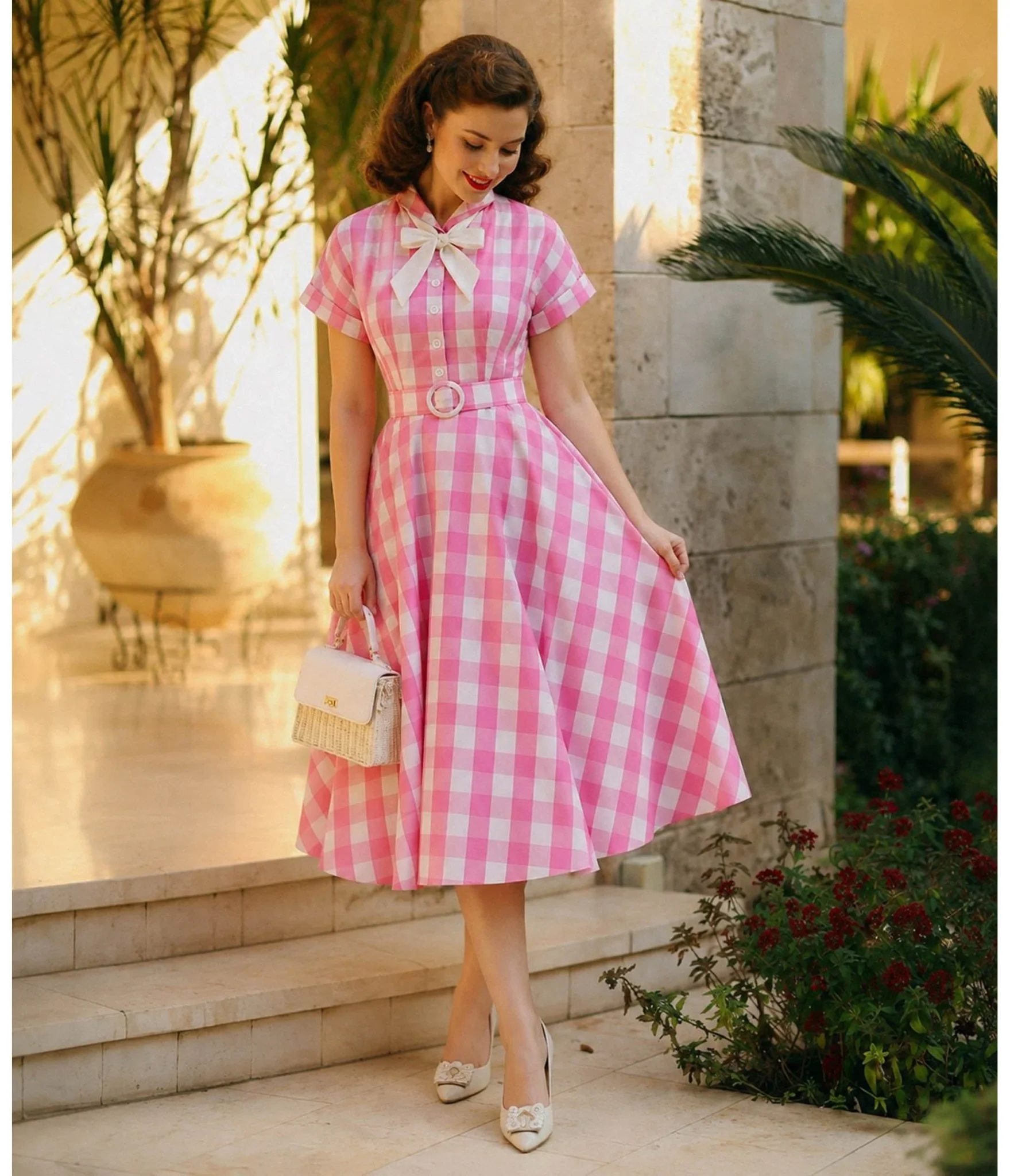 Pink Gingham & White Scarf Swing Dress