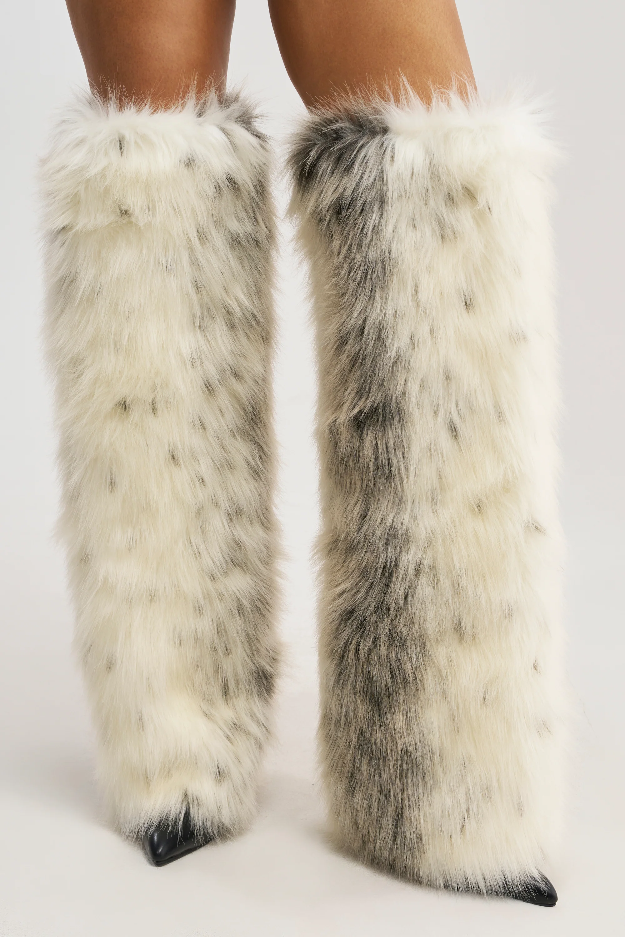 AZALEA WANG LANGLEYE CREAM MULTI SNOW LEOPARD THIGH HIGH FUR BOOT - Akira Store