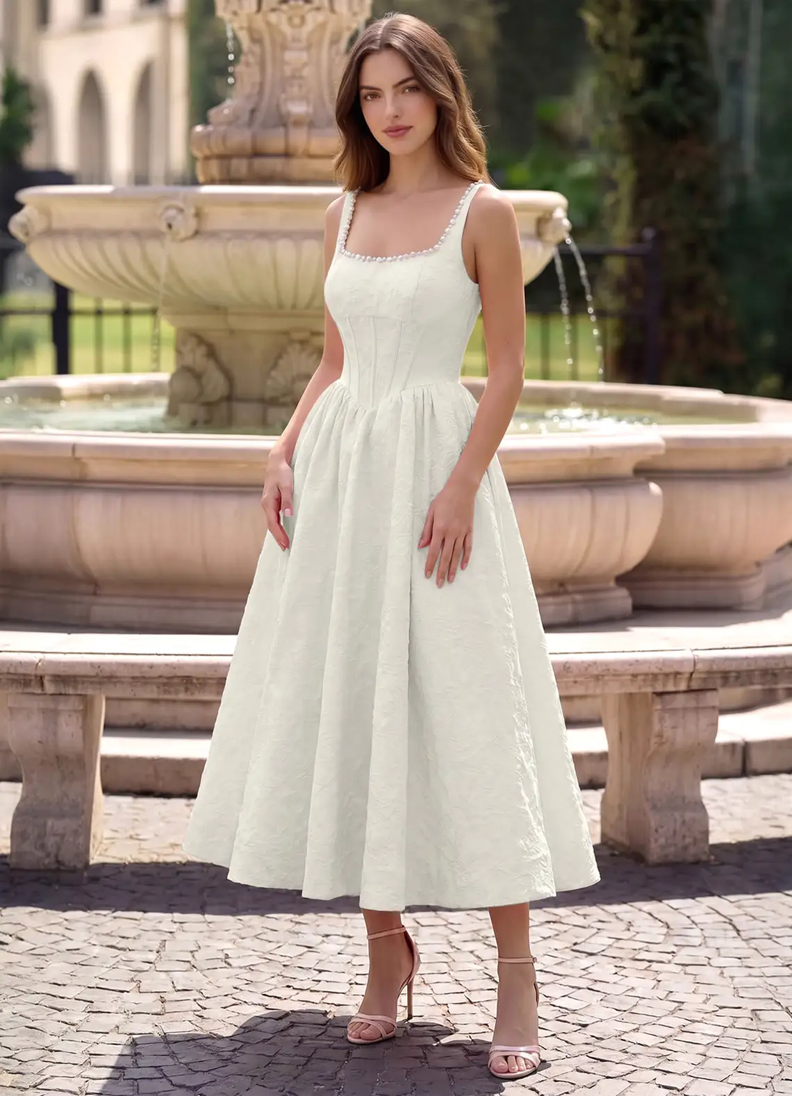Sephone Cream Beading Rhinestone Jacquard Maxi Dress