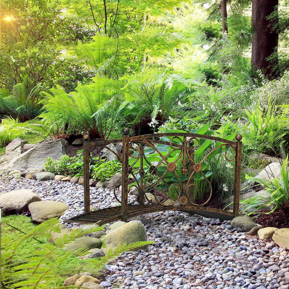 GVN Bridge, Garden Bridge,Metal Garden Bridge, Decorative Classic Footbridge Pond Bridge with Safety Railings, Brown
