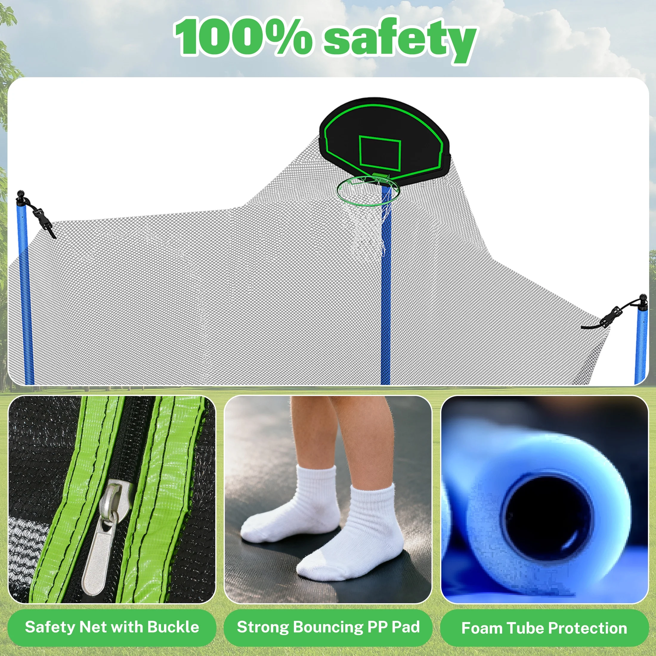 12FT Trampoline with Slide, Swings, Recreational Trampoline with Basketball Hoop and Ladder, Heavy Duty Outdoor Backyard Trampoline with Net for Kids and Adults, Green(Green-12FT) - Image 9