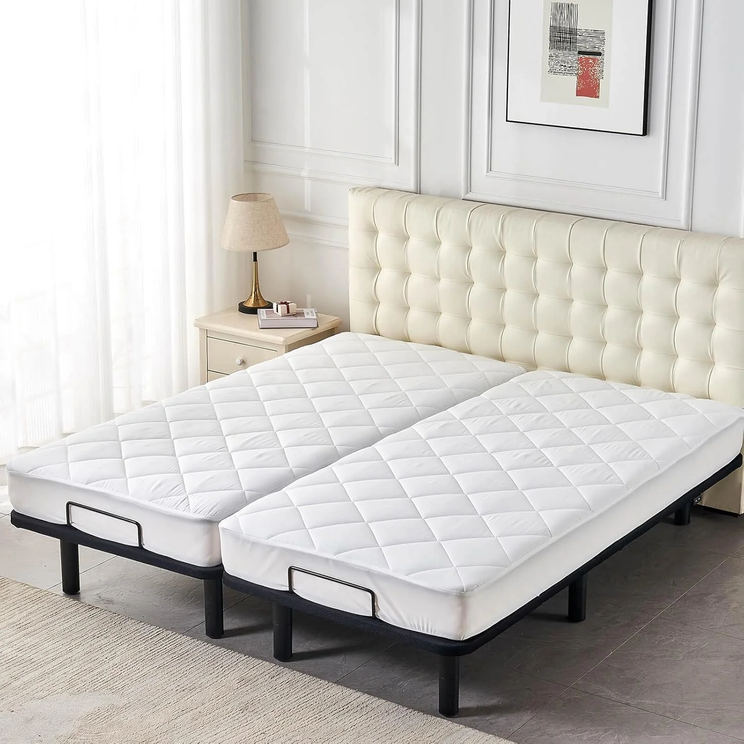 Split King Mattress Topper for Adjustable Bed Fluffy Matress Cover Quilted Fitted Mattress Pad with Elastic Pocket(Split King/White) - Image 5