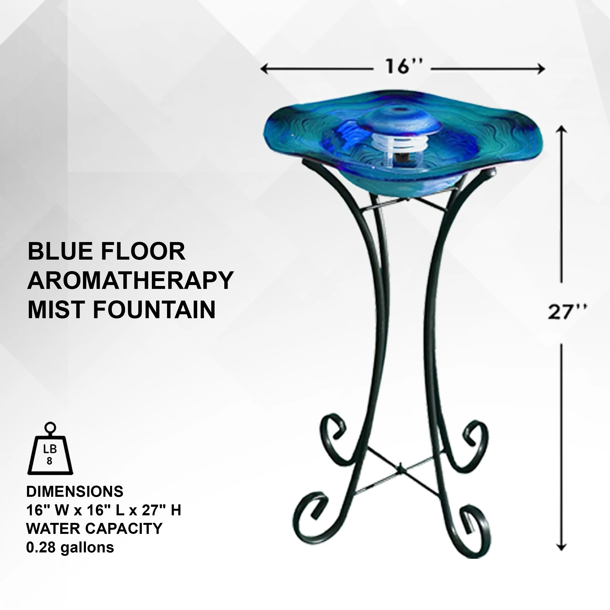 27in Tall Floor Mist Fountain with 12 Color Changing LED Lights and Inline Control Blue Glass and Metal Design, Blue Freestanding Mist Fountain, Indoor Mist Fountain - Image 8