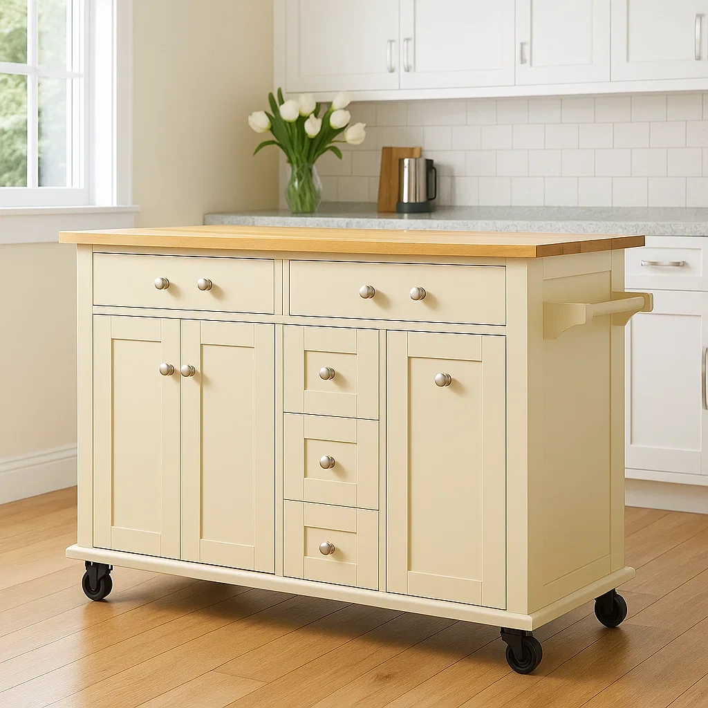 Kkken, kkkenrullebord, med 3 dre, 5 skuffer og hylde, naturtr og beige, med hjul, 100x50x85 cm - cE9Flal36nKM