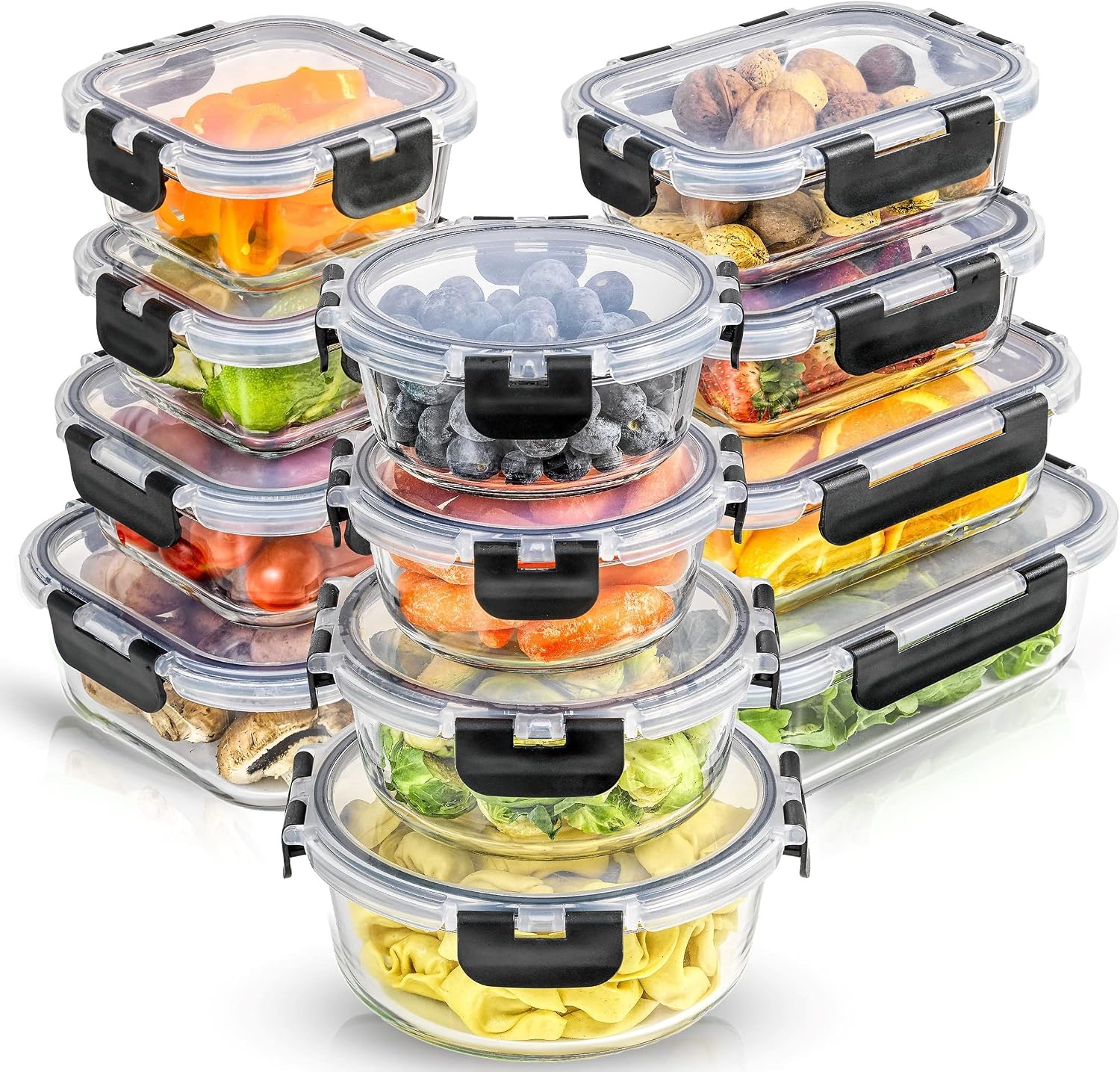 JoyJolt 24pc Borosilicate Glass Storage Containers with Lids| 12 Airtight/Freezer Safe Food Storage Containers for Pantry and Kitchen| Meal Prep Container for Lunch| Glass Tupperware Set