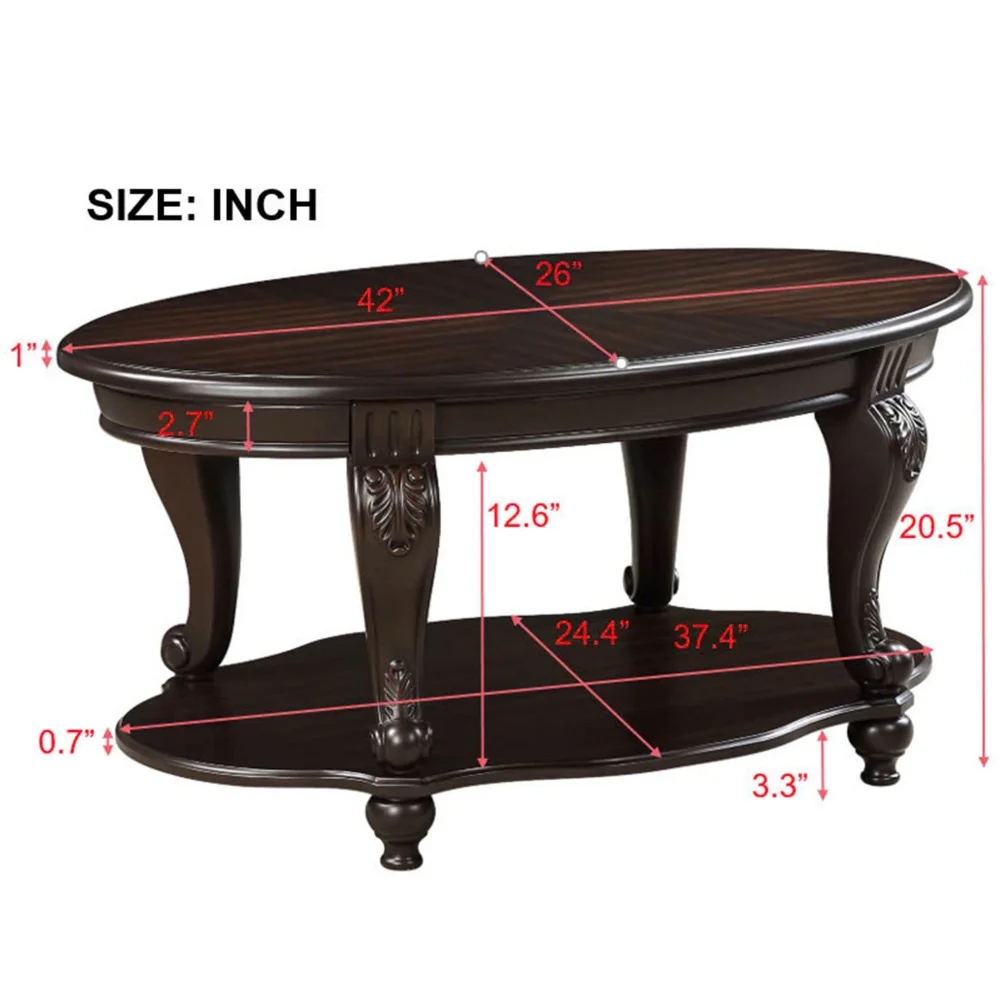 42" Oval Coffee Table with Storage Shelf, 2-Tier Solid Wood Cocktail Tea Table, Traditional Retro Center Table for Living Room, Bearing 400LBS, Cherry(Cherry) - Image 10