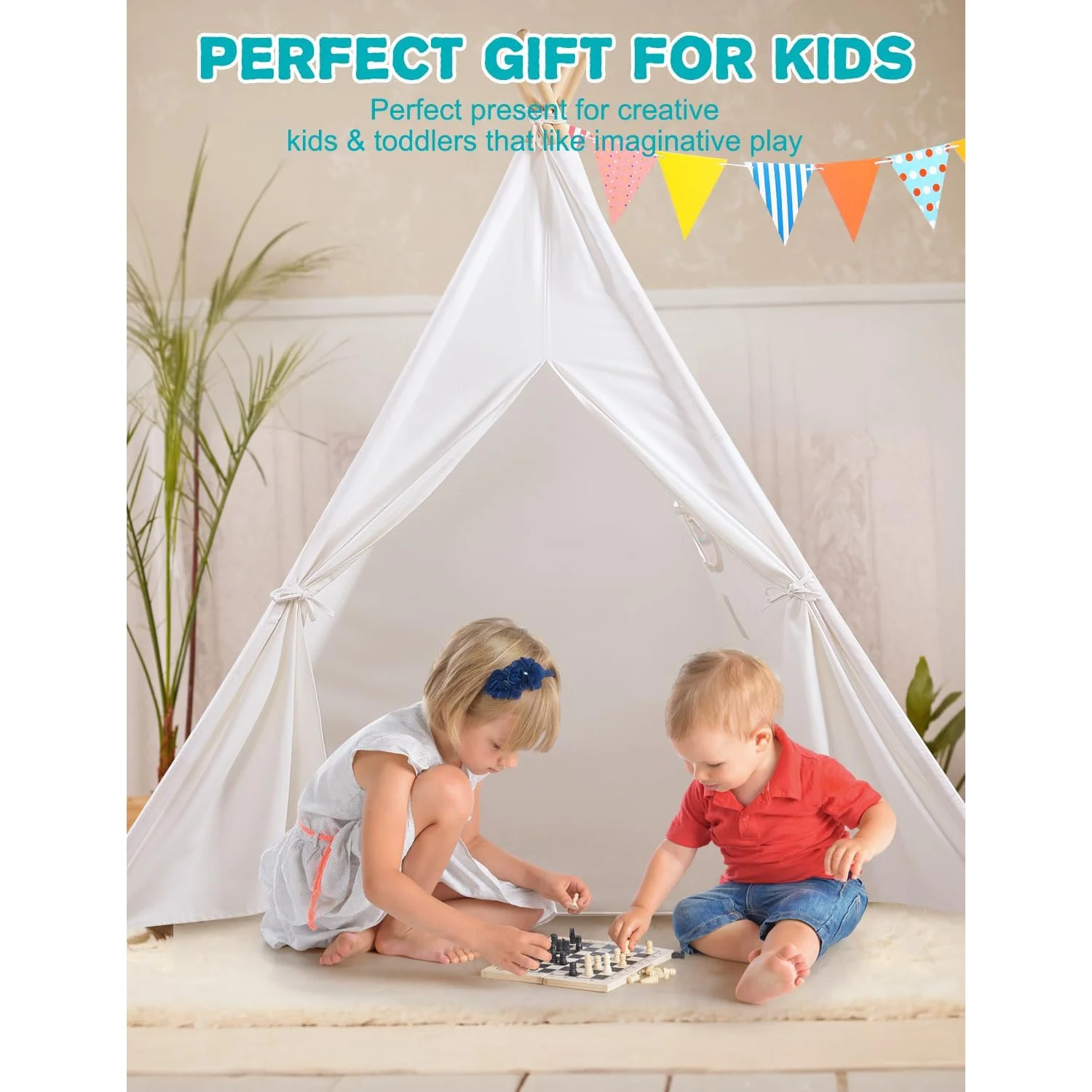 Teepee Tent for Kids Tipi Tent Indoor 100% Cotton Kid Tents for Inside with Light Flag- Foldable Toddler Play Tents for Girls Boys Slumber Party -Toys Cotton Teepee - Image 6