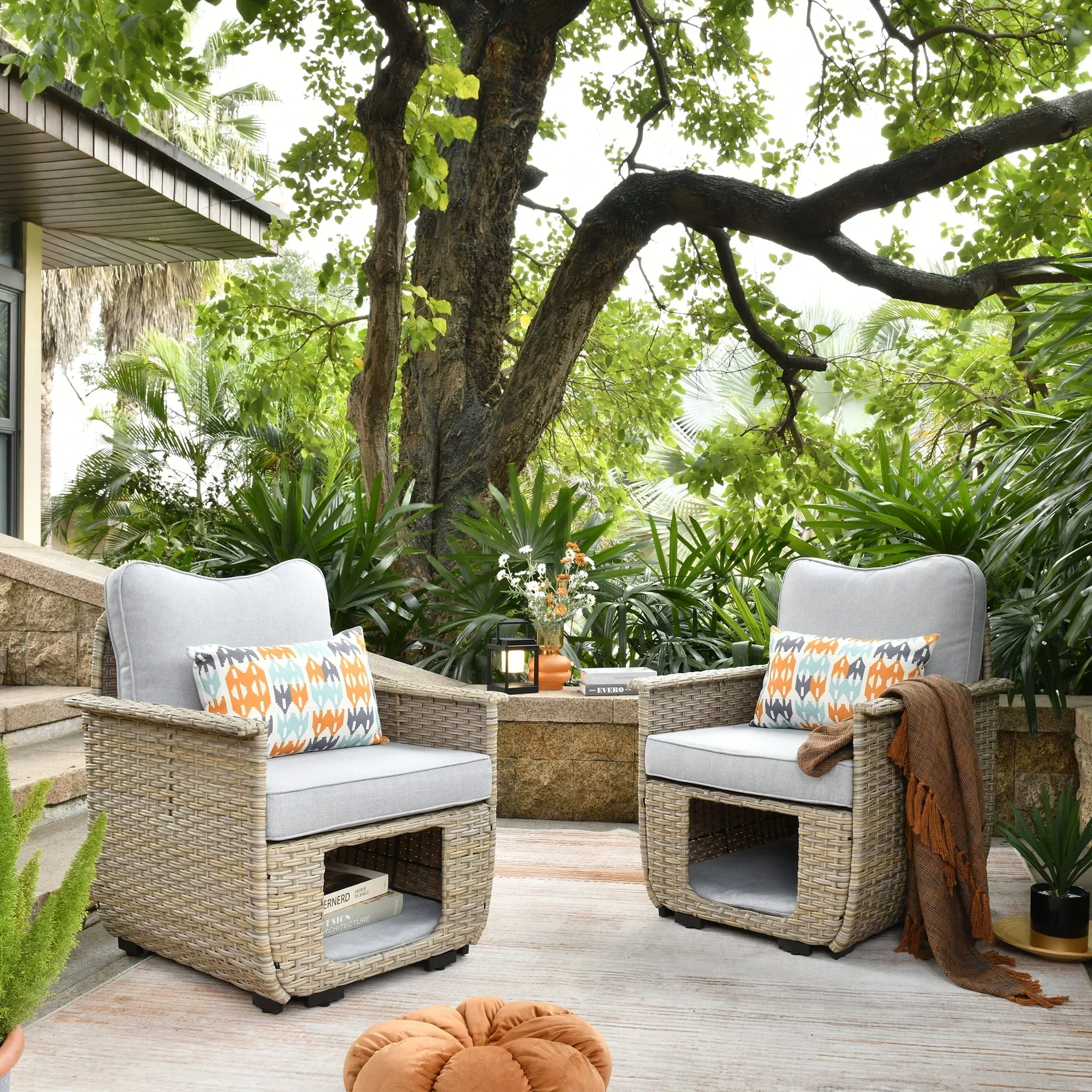 Ovios 2 Pieces Outdoor Furniture All Weather Wicker Patio Conversation Single Chair Set with Storage Box for Garden Backyard