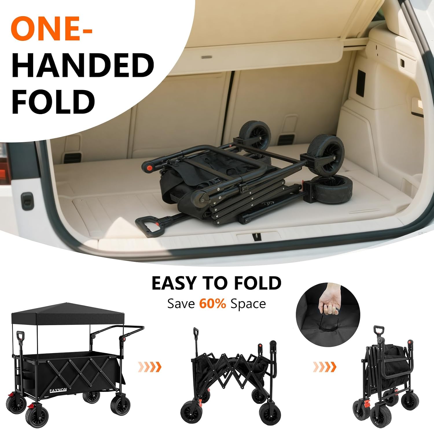 3 in 1 Collapsible Wagon with 300lbs Weight Capacity, 150L Heavy Duty Utility Cart with Removable Canopy, with Large All-Terrain Beach Wheels & Drink Holders, Black