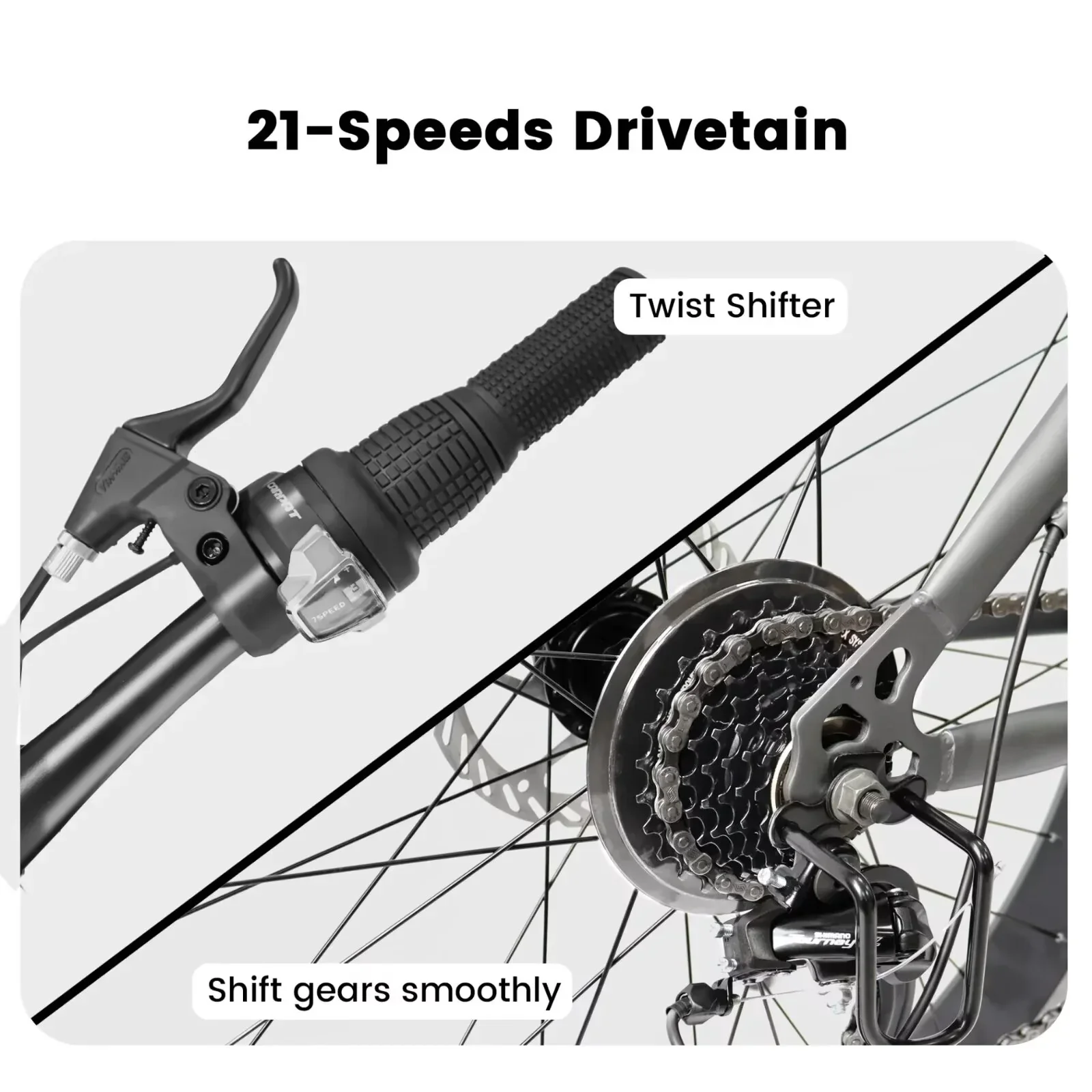 26 Inch Fat Tire Mountain Bike with Dual Disc Brakes, 4 Inch Non-Slip Wide Tires with 21 Speed, High Carbon Steel Frame, Mountain Bicycle for Men and Women, Front Suspension, Gray