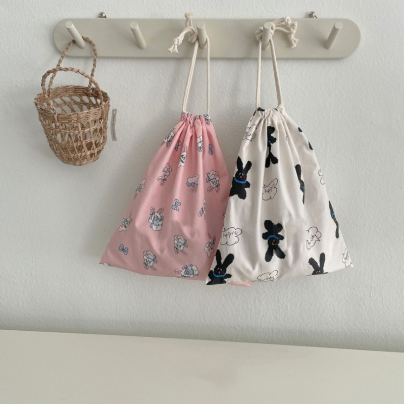 Cute Rabbit Print Baby Diaper Bag Soft Cotton Drawstring Pouch Reusable Travel Storage Bag for Newborn Diapers