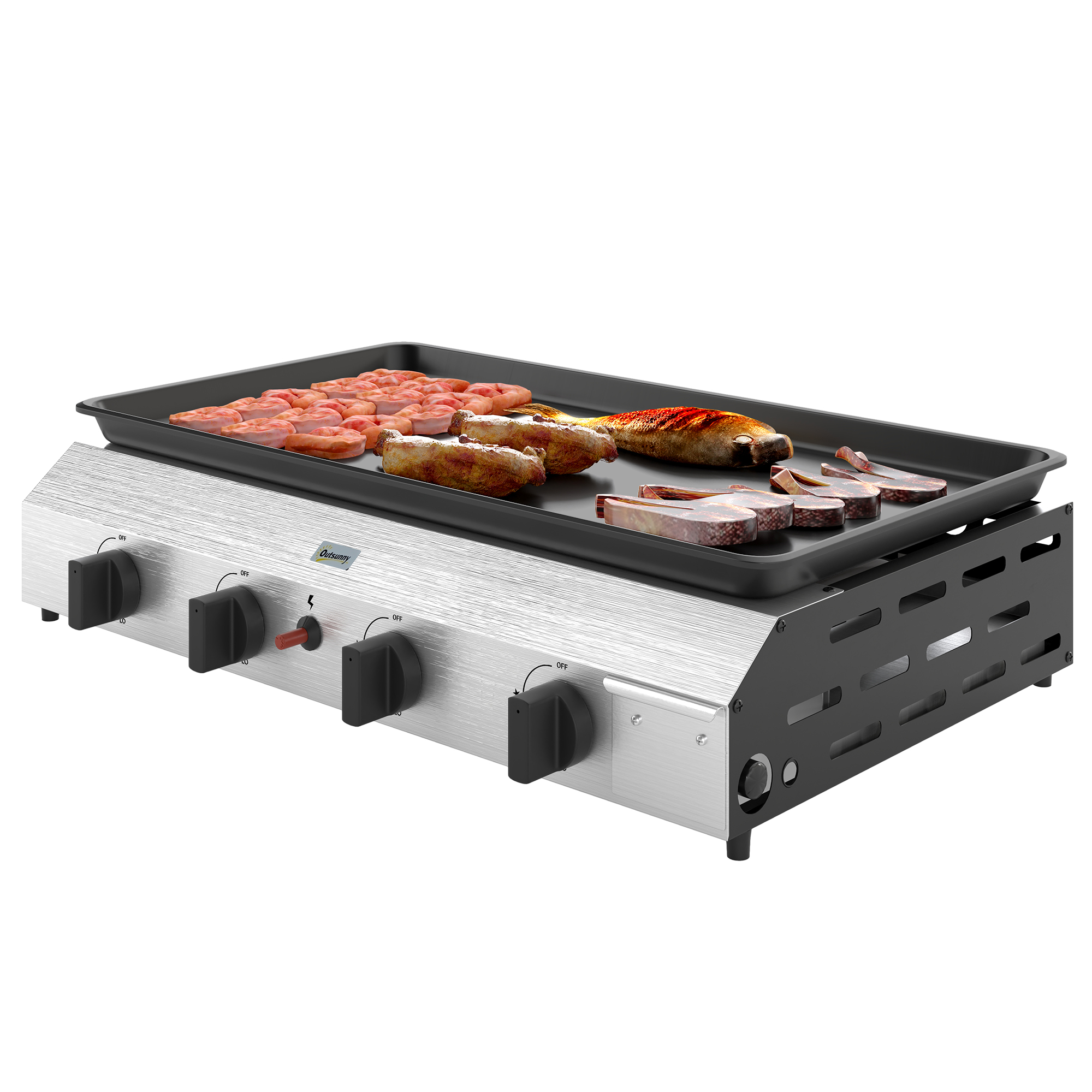 Outsunny Gasbarbecue met 8000BTU/2,4 KW, Grillwagen incl. 4 Roestvrijstalen Branders, Drukregelaar 44 x 44,5 x 19 cm Zilver+Zwart