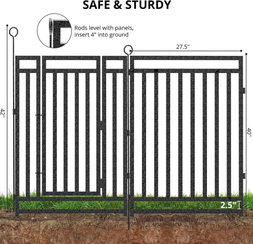 Petorldog Decorative Garden Fence Metal Dog Fence Outdoor for Yard, 36ft (L) x 40in (H), 14 Panels + 2 Gates, No Dig Fence for Patio | Black - Silver