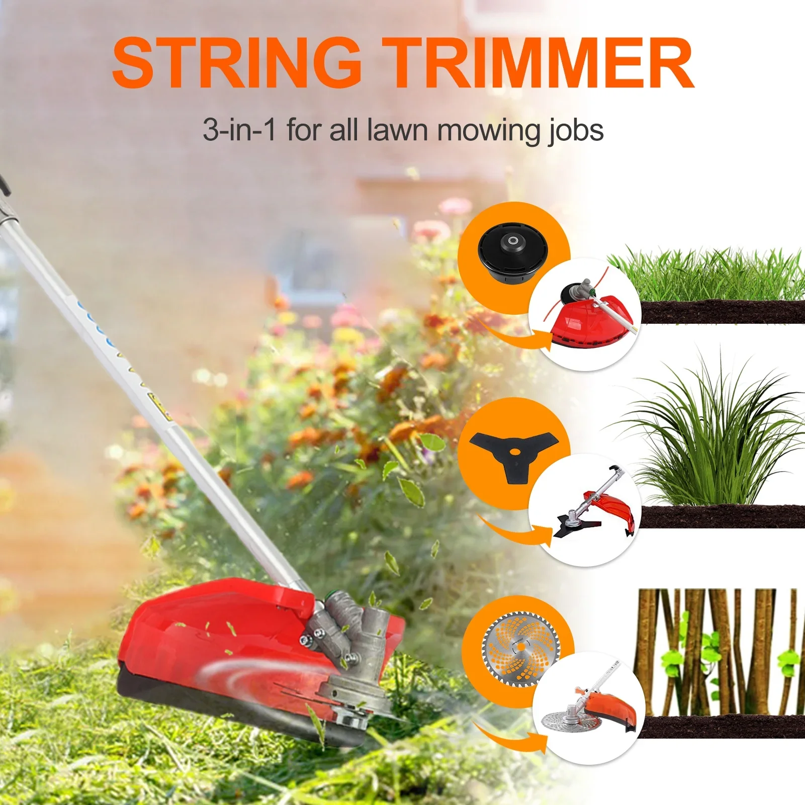 WETS 5 in 1 Garden Hedge Trimmer Combo,  52cc 2-Stroke Gas Powered Long Reach Pole Saw Grass String Trimmer Brush Tree Cutter Pruner Weed Eater Multi Functional Garden Trimming Tools