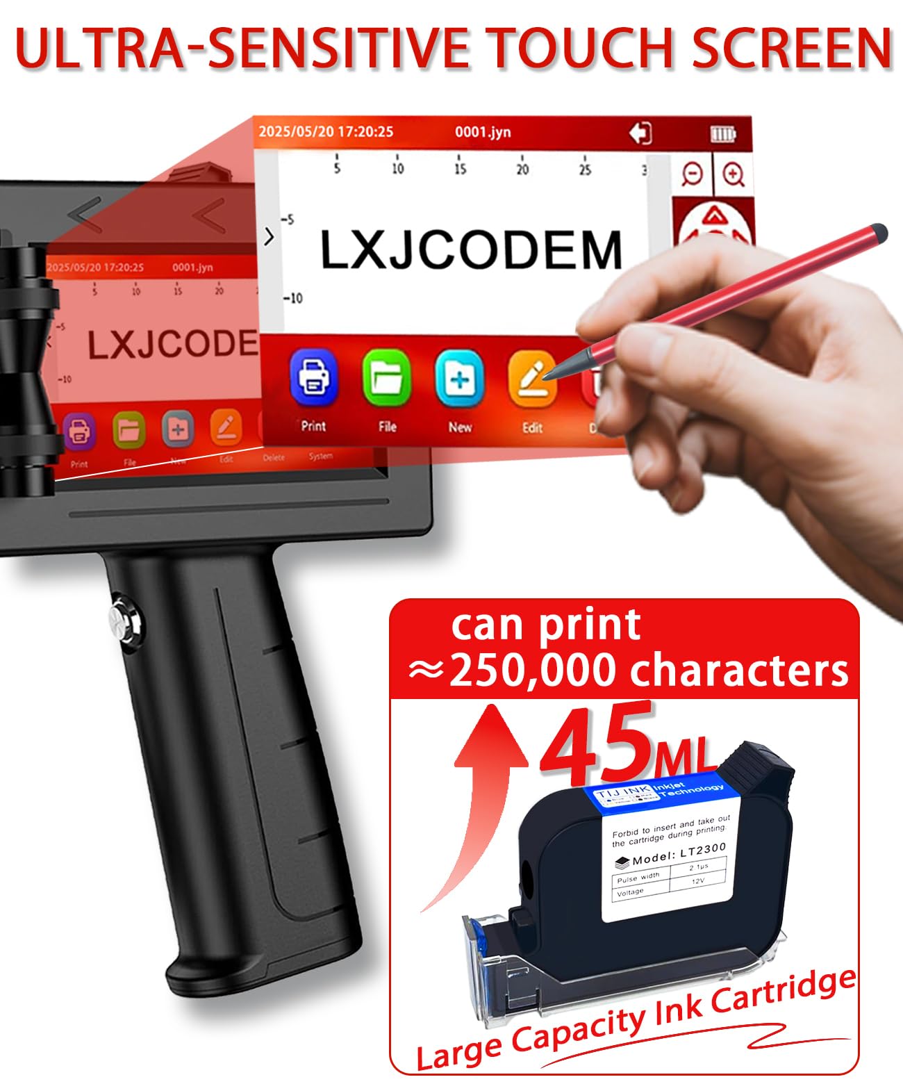 Handheld Inkjet Printer - Portable Handheld Printer with LT2300 Quick-Dry Ink Cartridge, 4.3in Touchscreen, Inkjet Coding Machine for Text Date QR Codes Number Symbols Logo