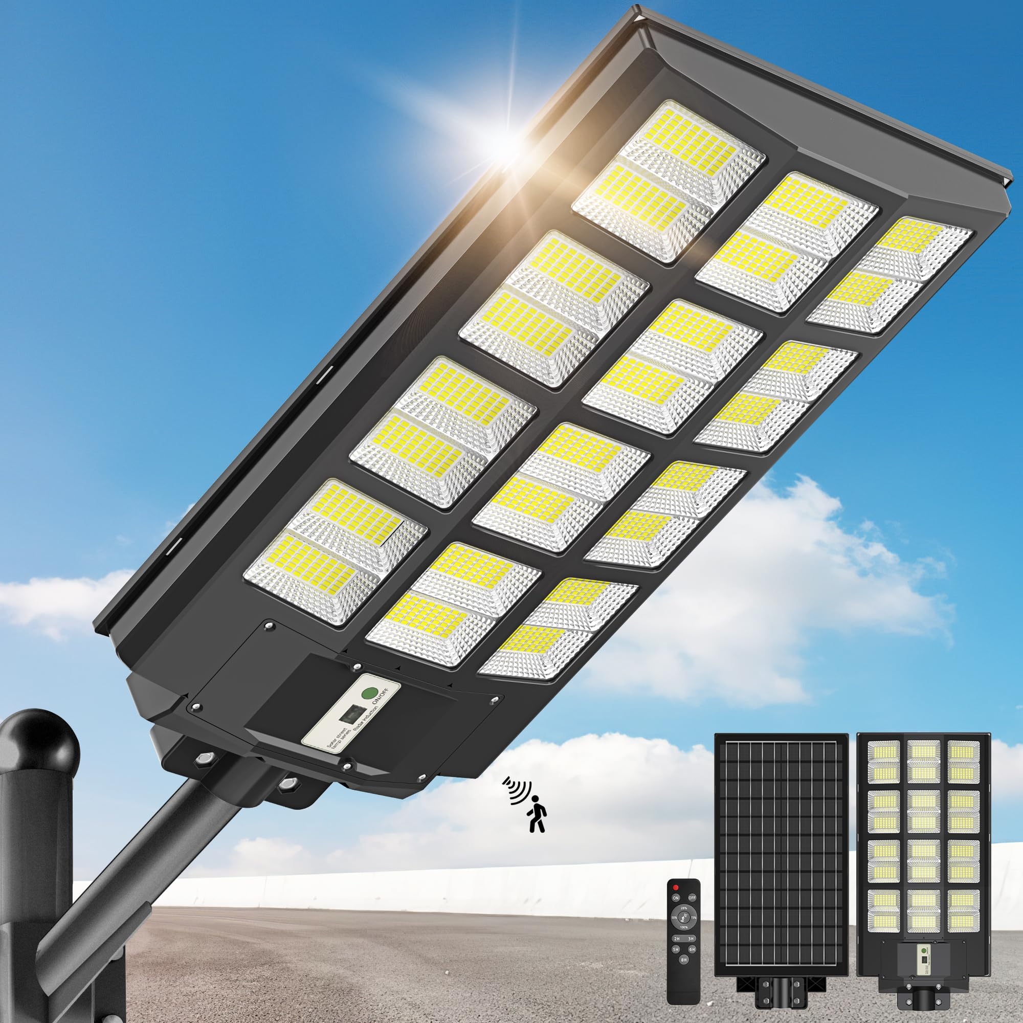 5000W Solar Street Lights Outdoor - Solar Lights Outdoor Waterproof Motion Sensor, Solar Parking Lot Lights Commercial Dusk to Dawn, LED Street Light Solar Powered for Outside, Yard