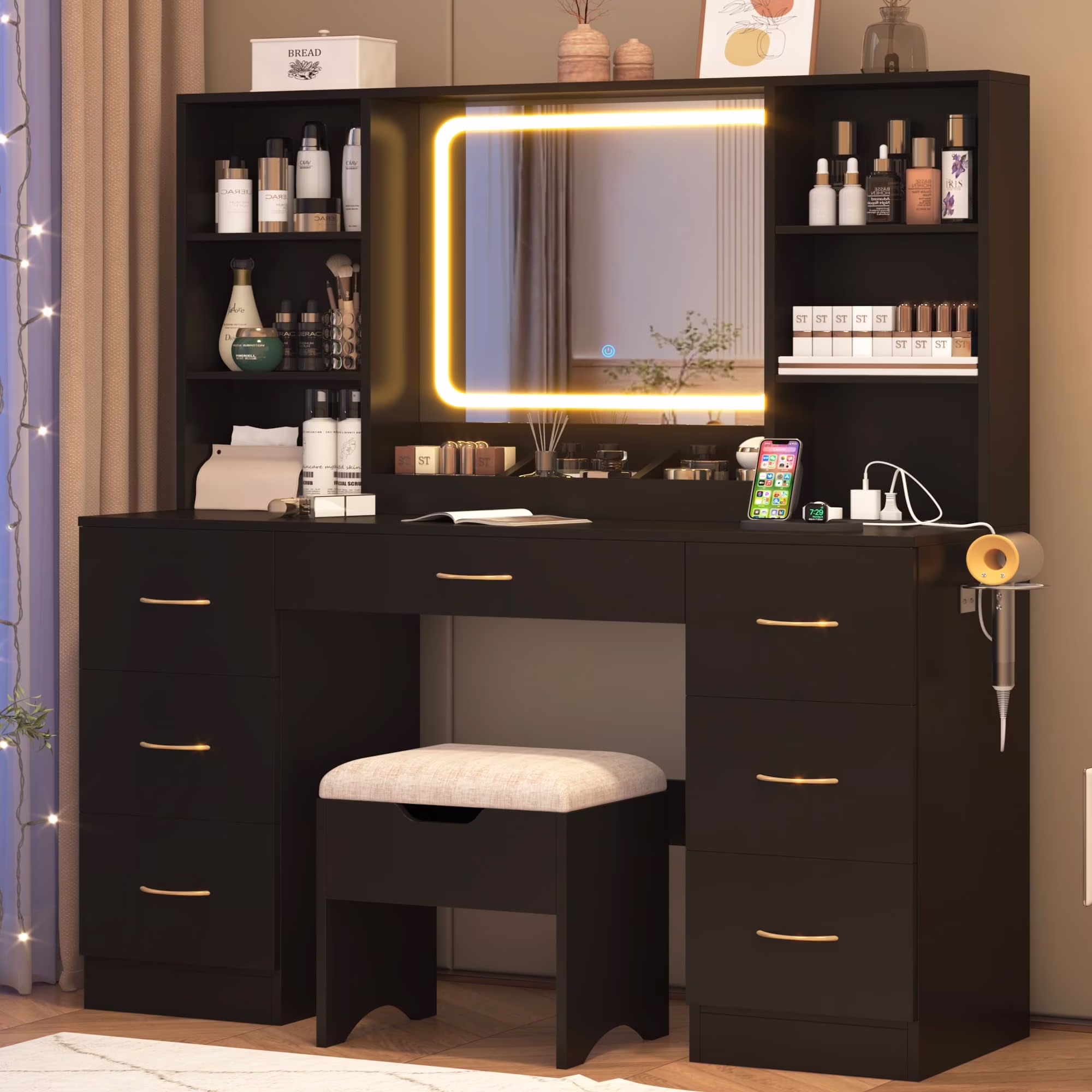 47" Large Vanity Desk with Lighted Mirror Charging Station, Black Makeup Vanity with 7 Drawers 6 Shelves, Vanity Set with Cushioned Stool(Black)