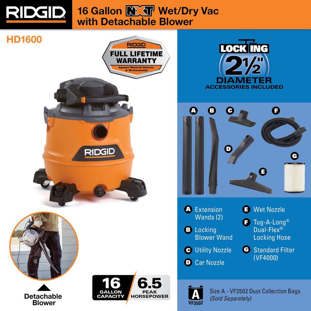Aspirateur eau et poussière NXT 16 gallons (6,5 CV en crête) avec filtre de soufflerie détachable, tuyau verrouillable et accessoires HD1600