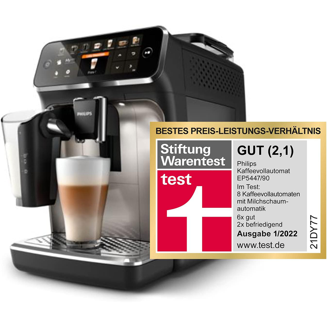 Philips Series 5400 Machine à café – Système de lait LatteGo, 12 cafés, affichage intuitif, 4 profils de beignets, chromé