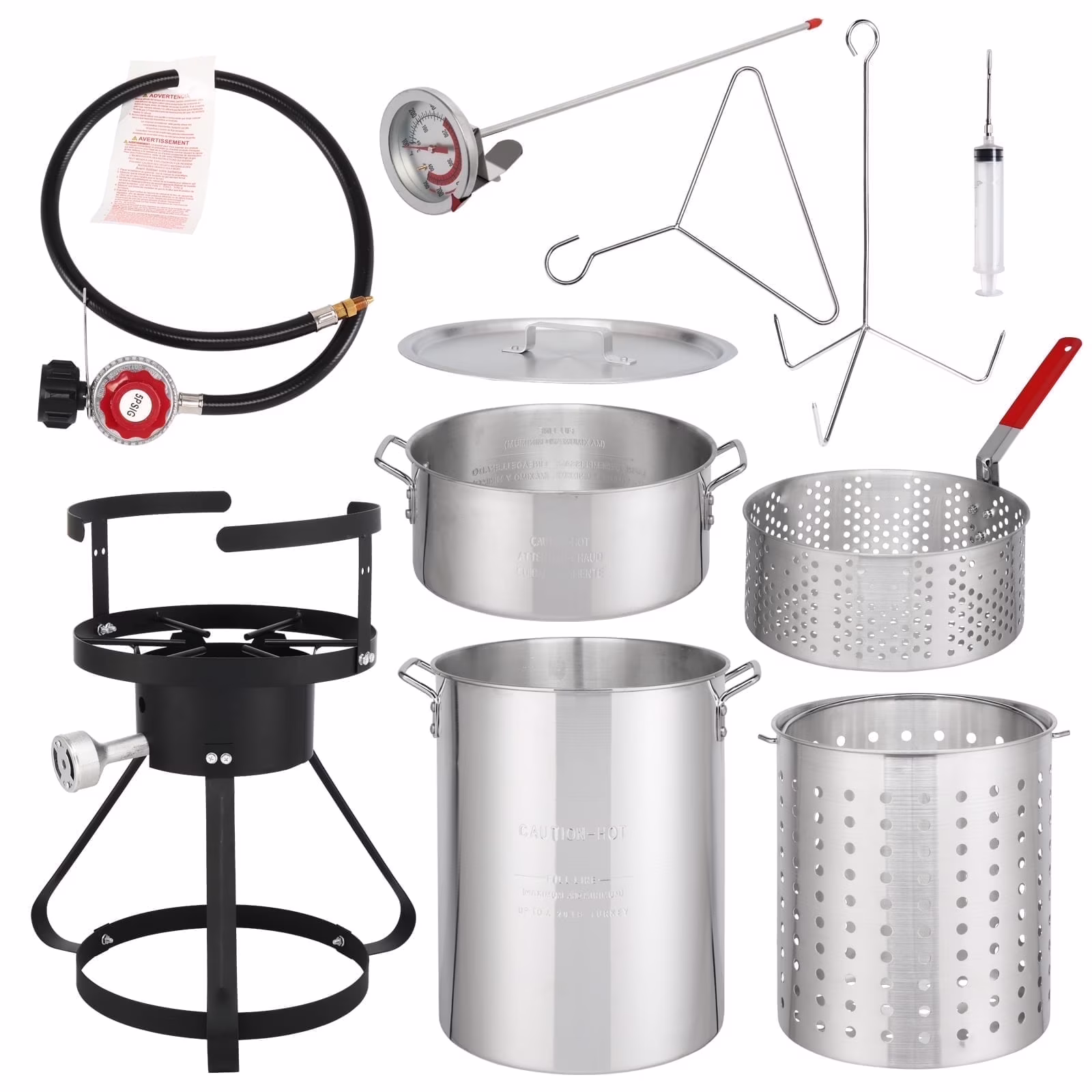 30 Qt Iron Aluminum Turkey Fryer Pot,Outdoor Fryer Kit with Injector Thermometer Kit,54000 BTU Outdoor Propane Stove Burner Stand for 20lbs Turkey,10Pcs,Silver(10 Pack)