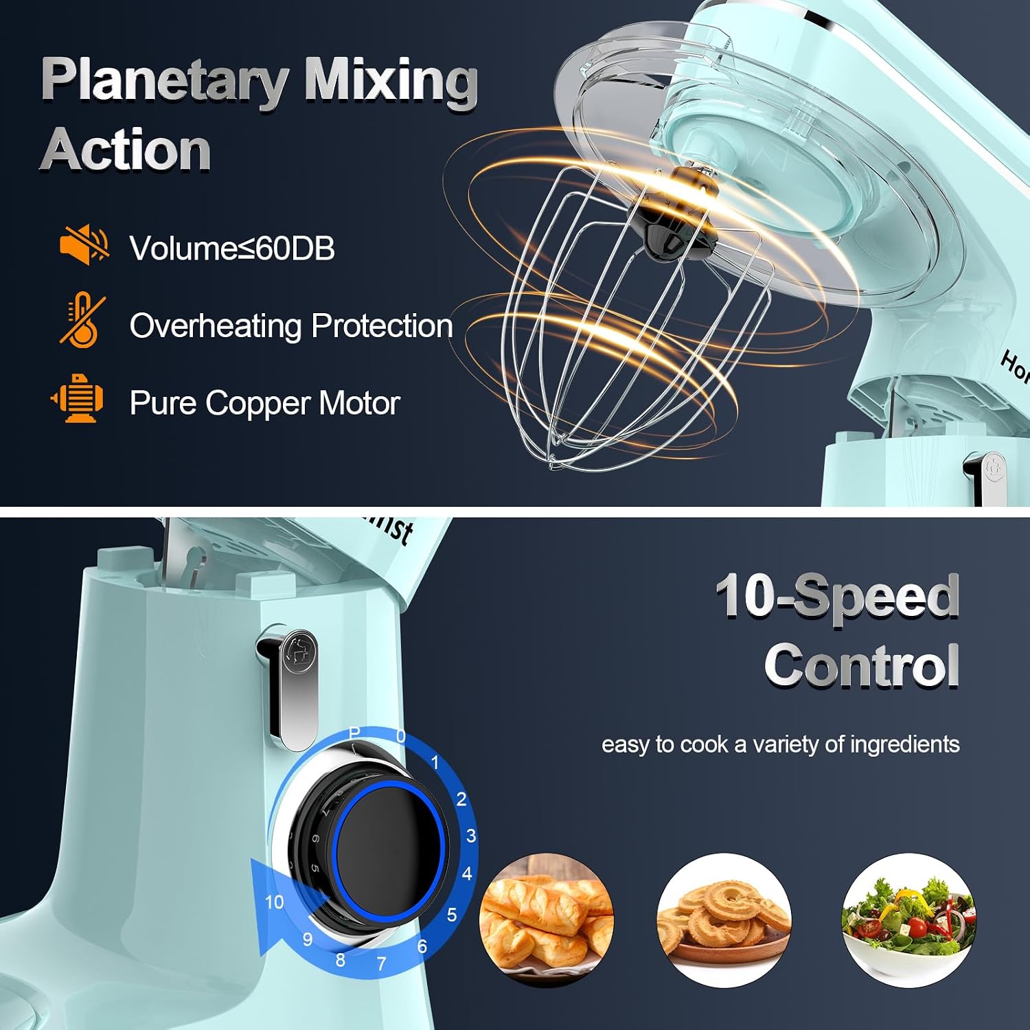 Honinst Stand Mixer, 6.5QT 10-Speed Tilt-Head 3-IN-1 Electric Food Mixer