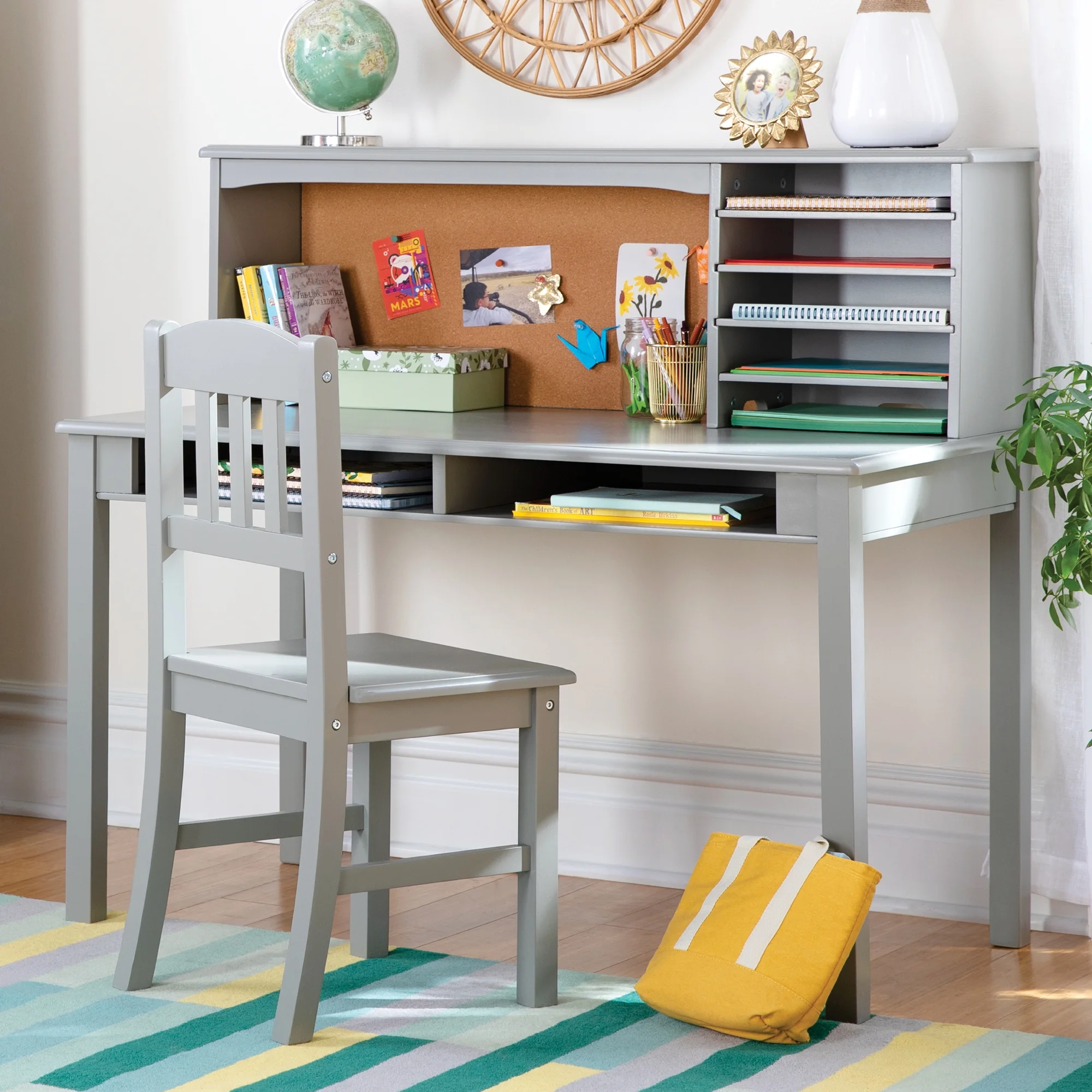 Kids Media Desk and Chair Set Gray: Kids Desk and Chair Set, Study Table for Kids with Hutch and Shelf, Wood Bedroom Furniture Set(Gray) - Image 10