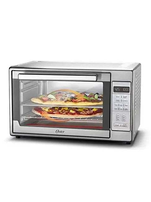 Four à air chaud extra-large Oster, 10 fonctions de cuisson polyvalentes, peut contenir 2 grandes pizzas, acier inoxydable, parfait pour recevoir pendant les fêtes.