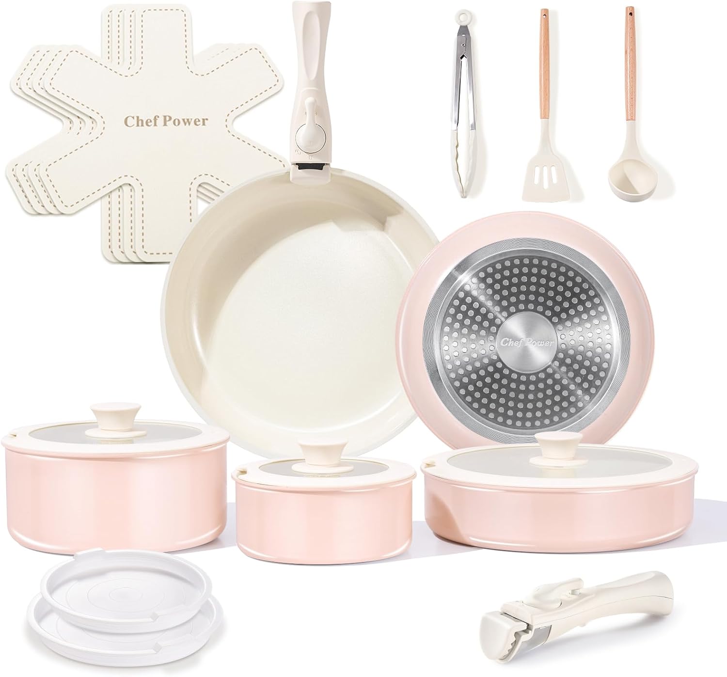 Chef Power Ceramic Cookware Set Non Toxic with Detachable Handles, Healthy Nonstick Pans and Pots Set 19 Pcs, Induction Dishwasher Oven Safe Kitchen Set, PFAS PFOA & PTFE Free, Cream White