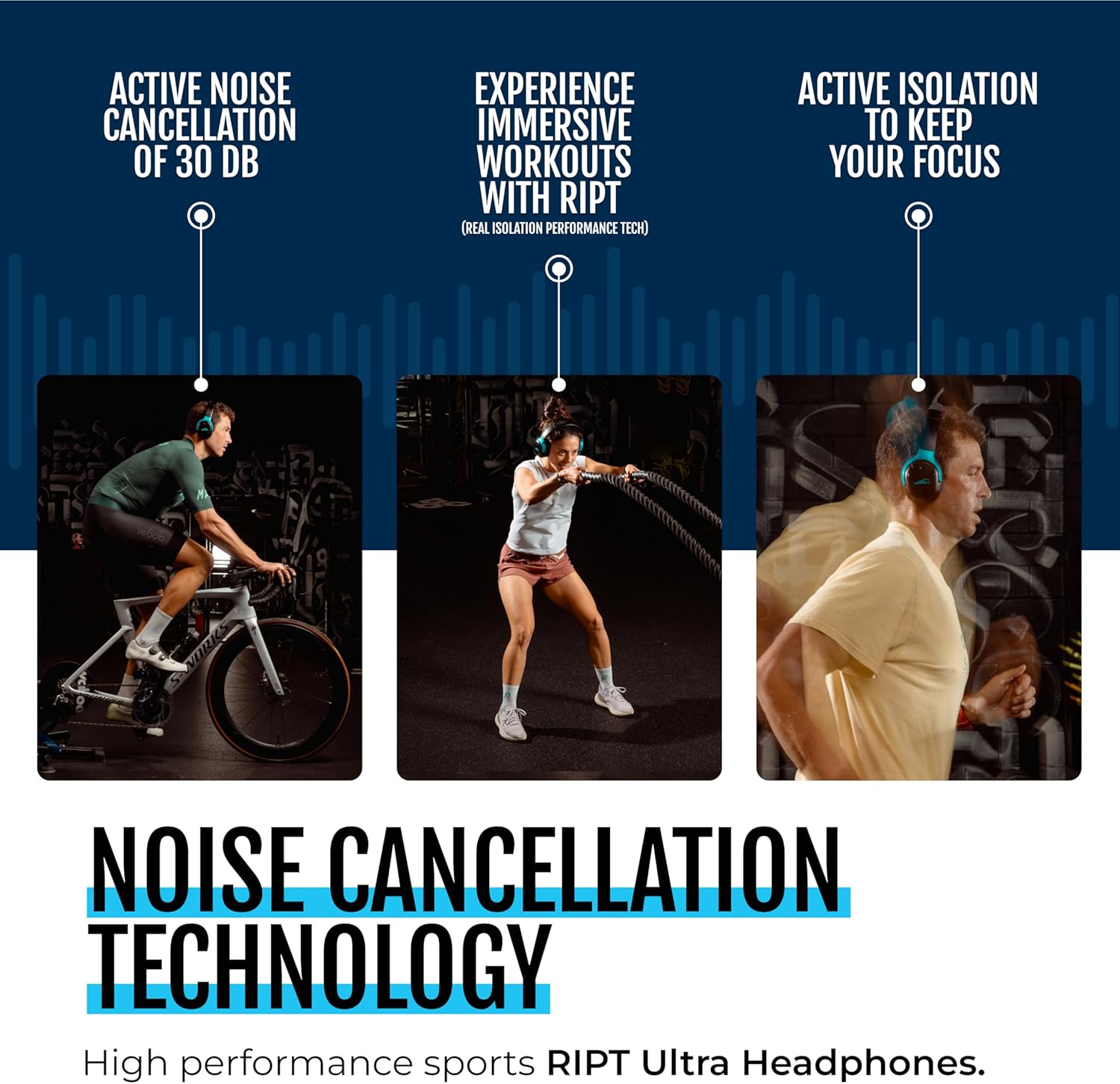 RIPT Ultra Over-Ear Sport Headphones  Active Noise Cancellation and Transparency Mode  50-Hour Battery Life  2 Sets of Cushions  Sweat-Proof Silicone and Leatherette  Premium Sound  Waterproof