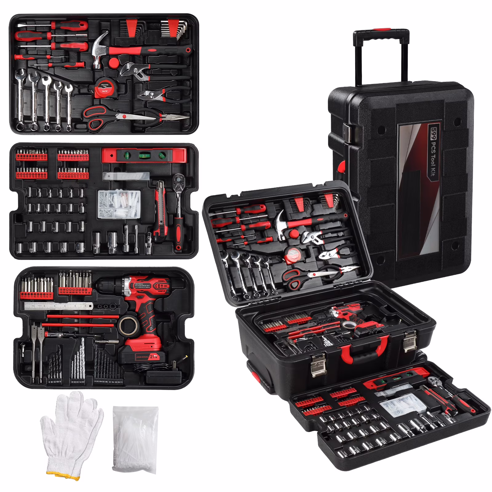 799 Pieces Professional Mechanics Hand Tool Set, Mobile Tool box on Wheels W/Ratchets&Socket, Screwdriver, Tongs, 4-layer Tool Case & Tool Kit, Silver