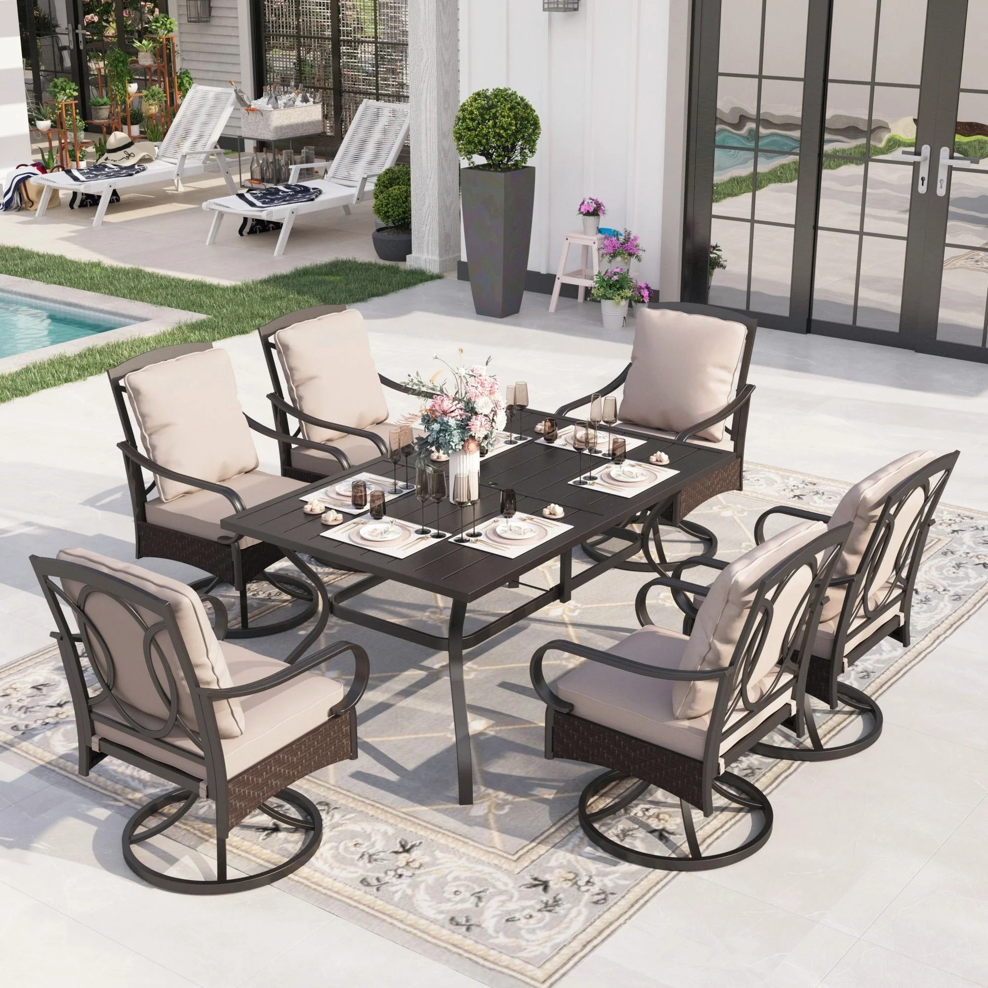 Patio Swivel Dining Chairs Set of 4 with Beige Cushions(4) - Image 10