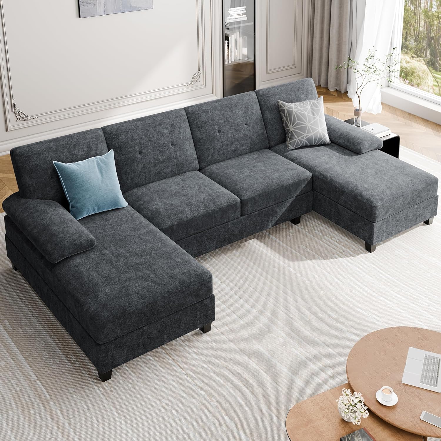 Shintenchi U-Shaped Sectional Couches for Living Room, 4 Seat Sofa with Double Chaise Lounges,Solid Wood Frame Sectional Sofa for Apartment