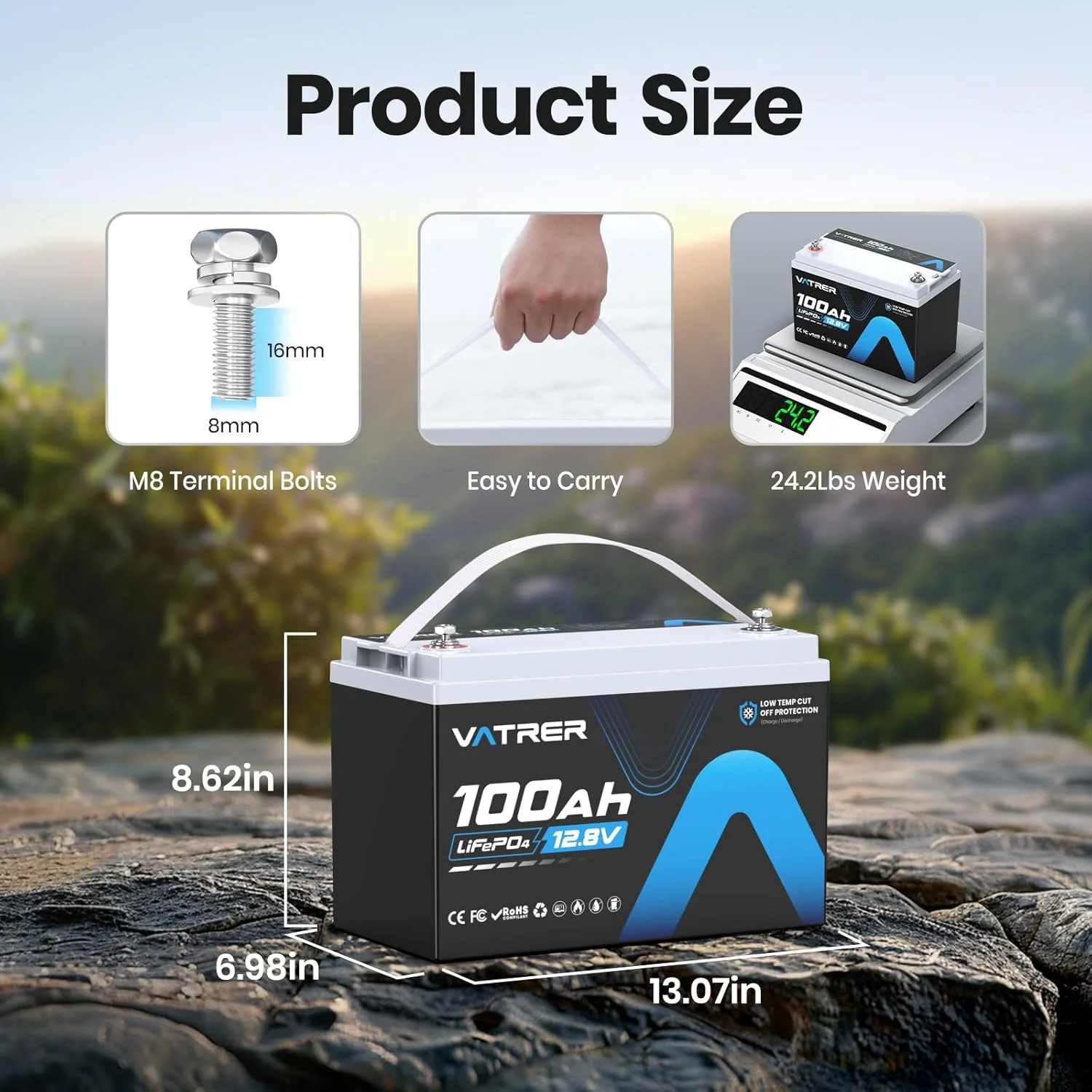 VATRER POWER 12V 100AH Low Temp Cutoff LiFePO4 Deep Cycle Battery with 1280W, Built - in 100A BMS, 5000+ Cycles Rechargeable Lithium Battery, Perfect for RV/Camper, Marine, Solar