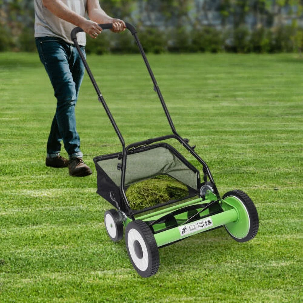 16-Inch Manual Reel Lawn Mower 4 Wheel w/Adjustable Cutting Height Grass Catcher - Image 2