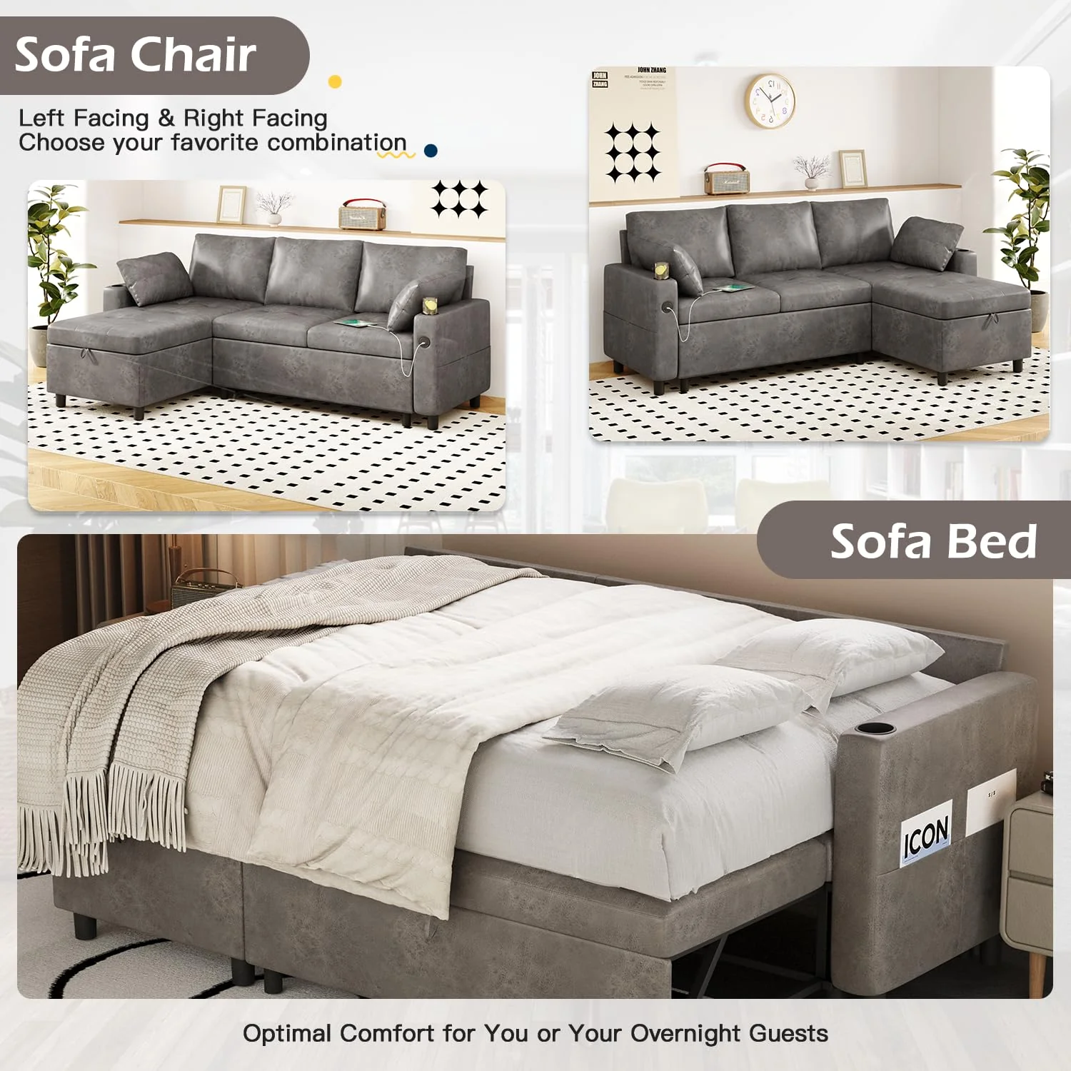 AECOJOY Sleeper Sofa Couch with Pullout Bed, Faux Leather, Gray