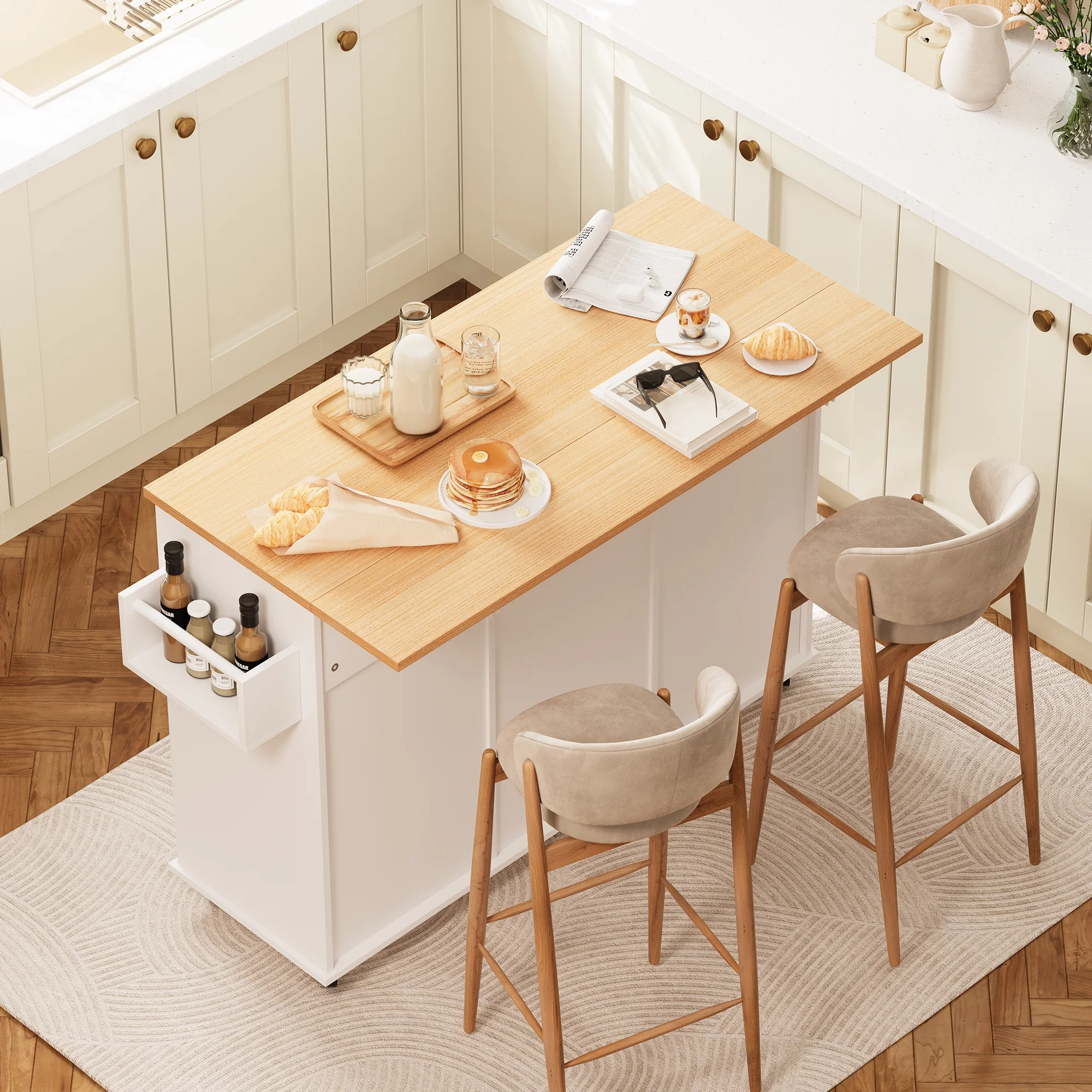 48" Kitchen Island Cart with Drop Leaf, 10 Gallon Storage and Tilt Out Trash Can Cabinet, Portable Kitchen Island with Wheels Drawer and Adjustable Shelves for Kitchen, White(White) - Image 2