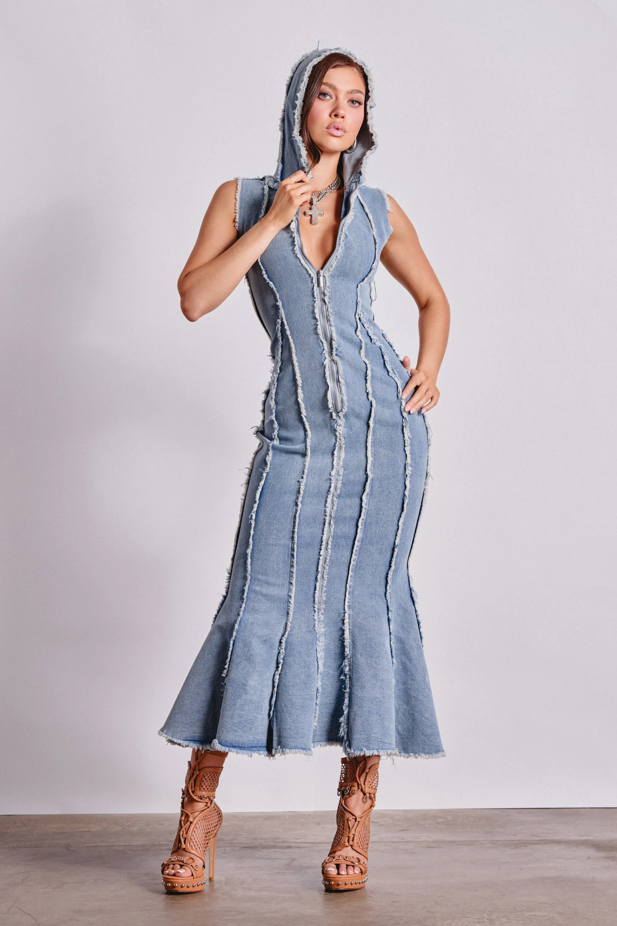 CATCH MY SWAG DENIM HOODED MAXI DRESS - Akira Store