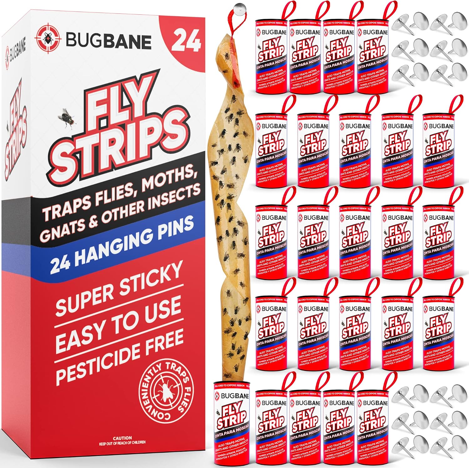 Fly Strips Indoor Sticky Hanging 24pk with PinsNon-Toxic Outdoor Fly Trap Indoor for HomeFlies Tape Paper Trap Ribbon Roll for House Gnat Fruit and HouseflyBug Catchers for Inside Home Flypaper