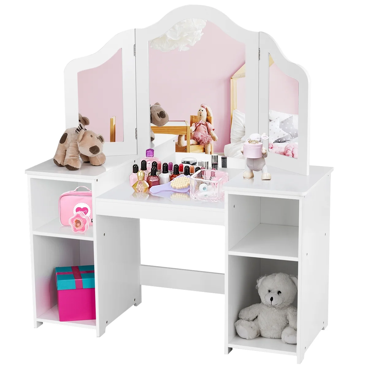 Vanity Table Set Makeup Dressing Kids Girls Study Table Tri Folding Mirror White(White) Image 2