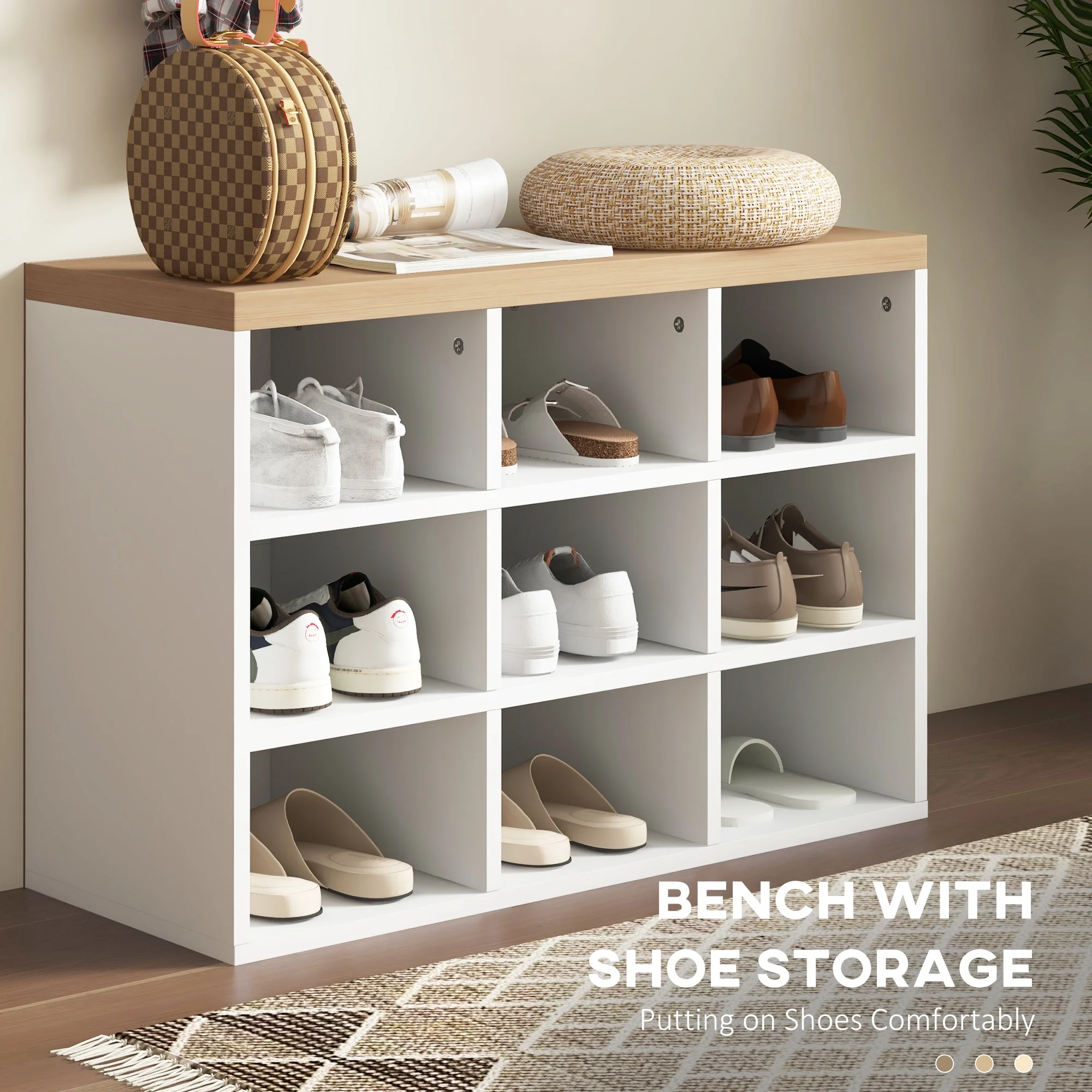 Homiyad 2-in-1 Coat Rack Shoe Bench Set, 5-Hook Hall Tree with Bench and Shoe Storage for 9 Pairs of Shoes for Entryway, Hallway, White