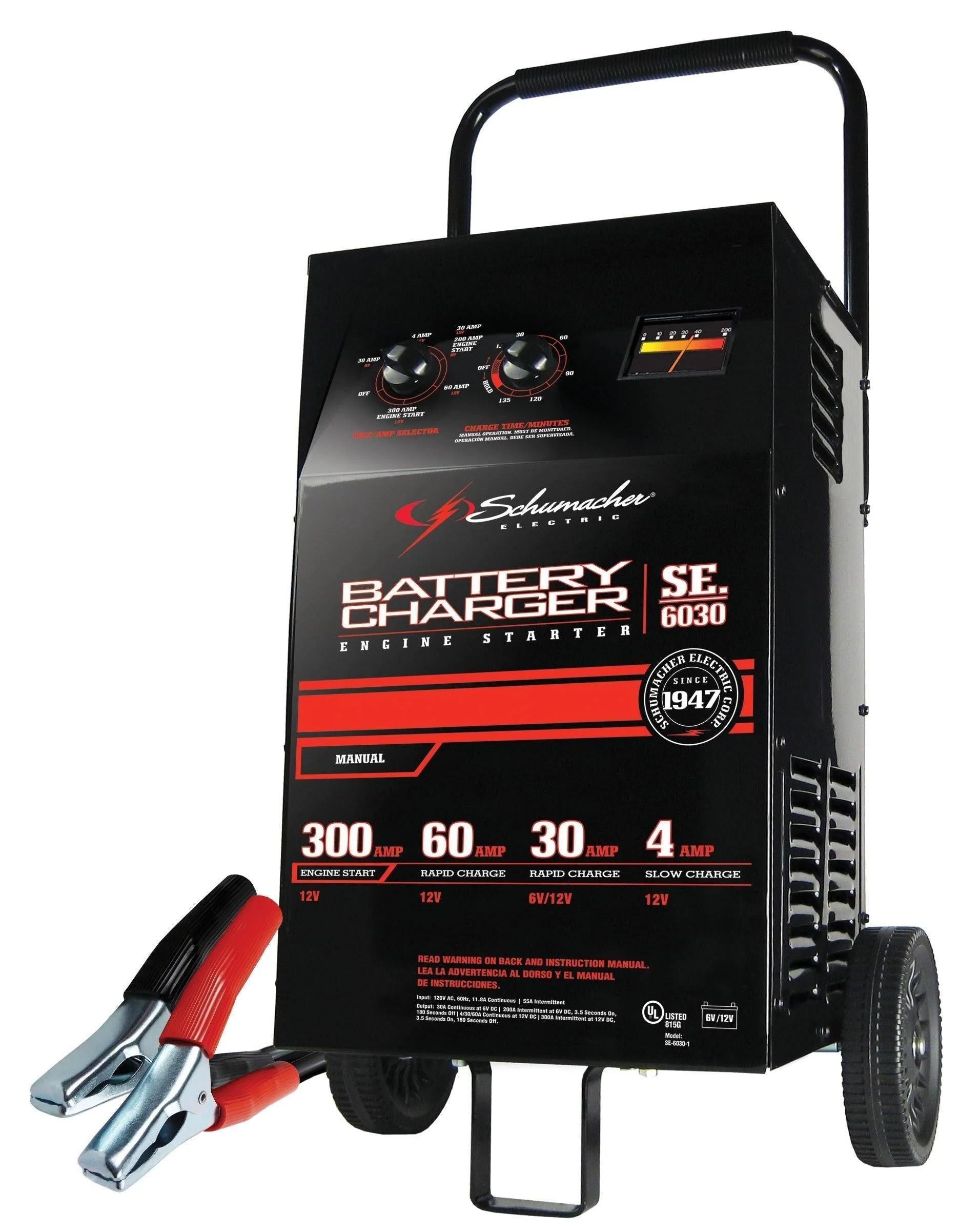 Chargeur de batterie et démarreur de moteur électrique sur roues Schumacher, SC1446, 2 en 1, minuterie manuelle, 300 ampères au démarrage, 6 volts, 12 volts, pour batteries de voiture, SUV, camion et bateau