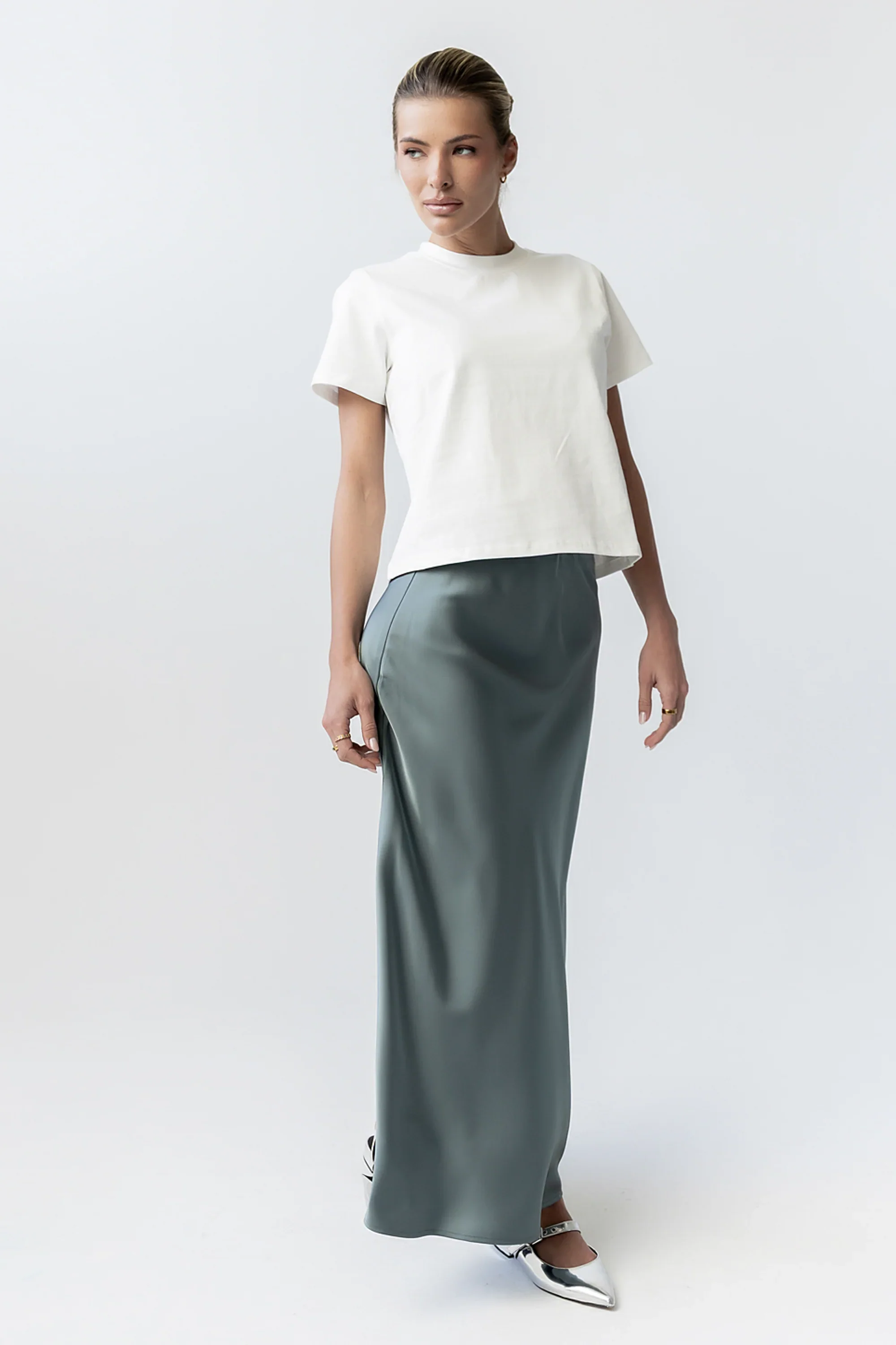 Tory Satin Maxi Skirt in Teal