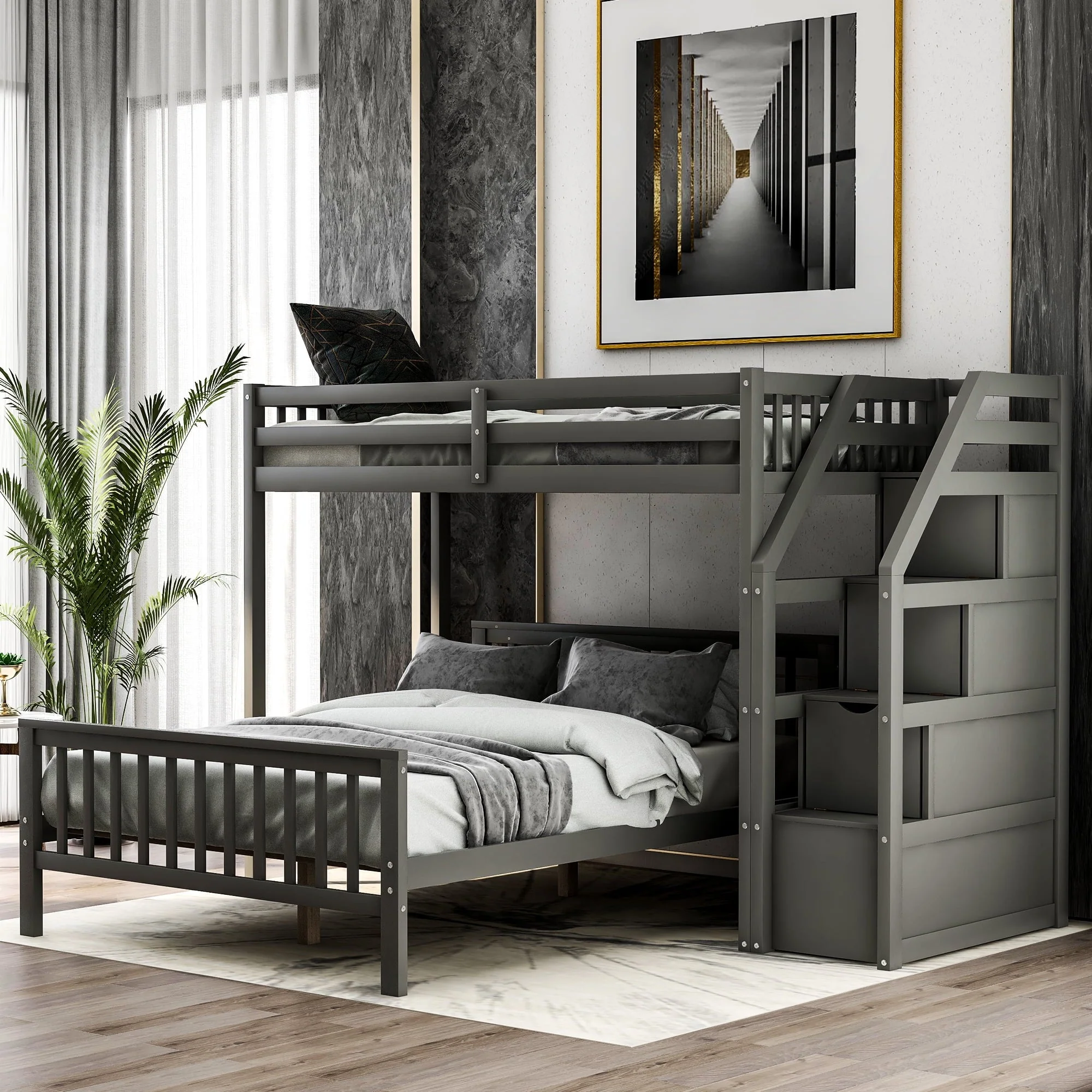 Wood Stairway Twin Loft Bed with Full Platform and Drawer