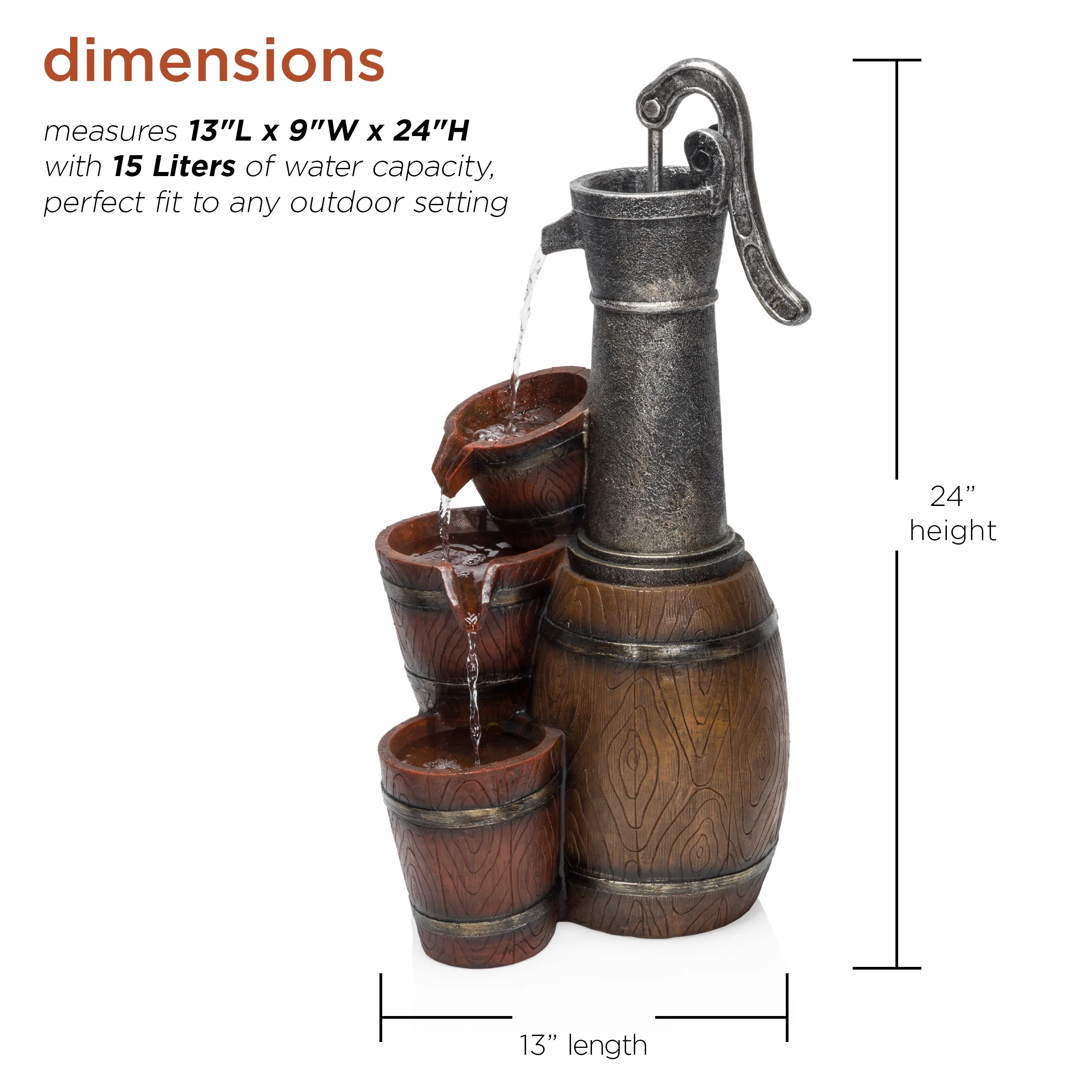 Vintage Barrel Water Pump with Buckets Fountain, 24 Inch Tall(24" H Vintage Barrel Pump Fountain) - Image 4