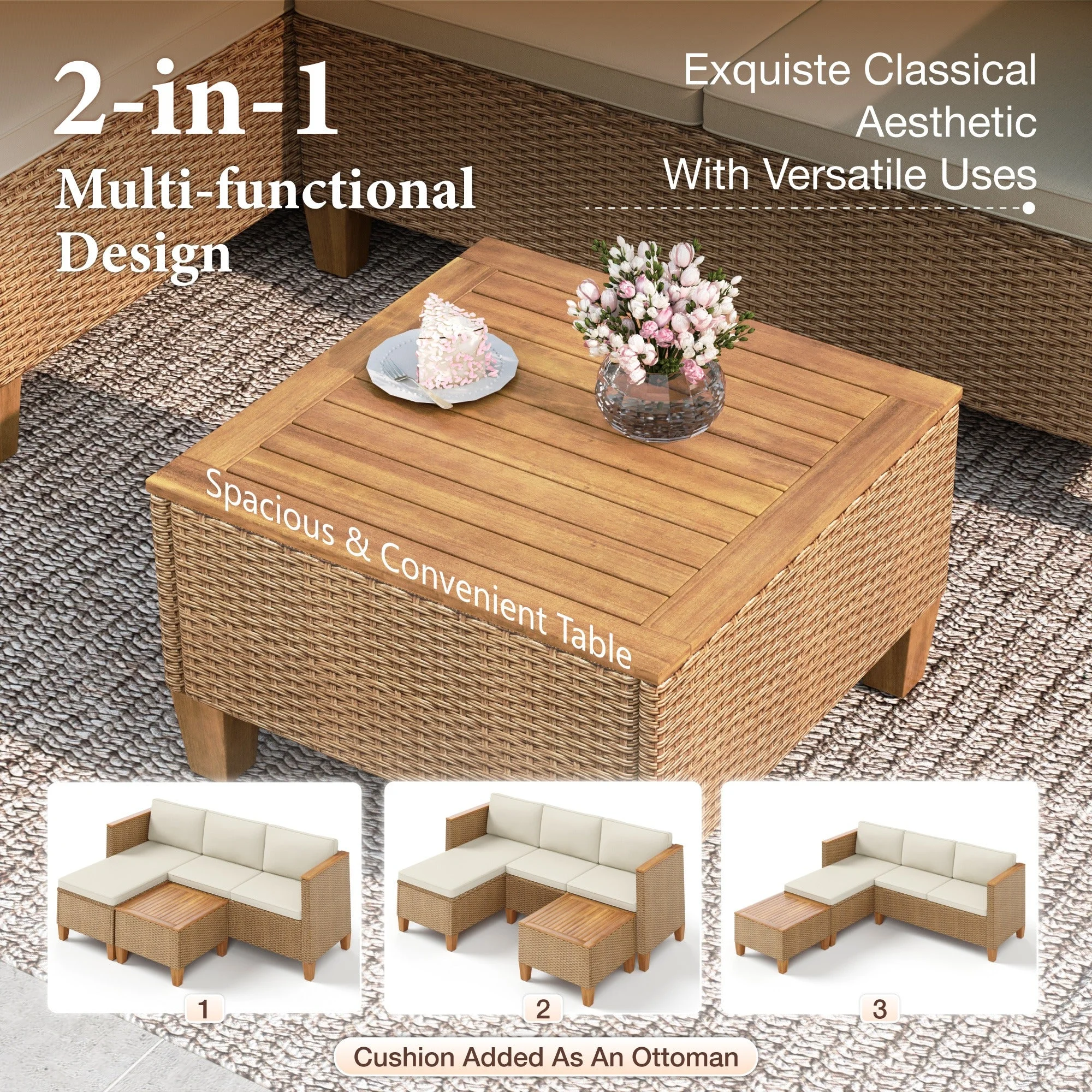 3-Piece Patio Furniture Conversation Set, All-Weather Wicker Outdoor Sectional Sofa Set with Table Cushions, Beige - Image 8