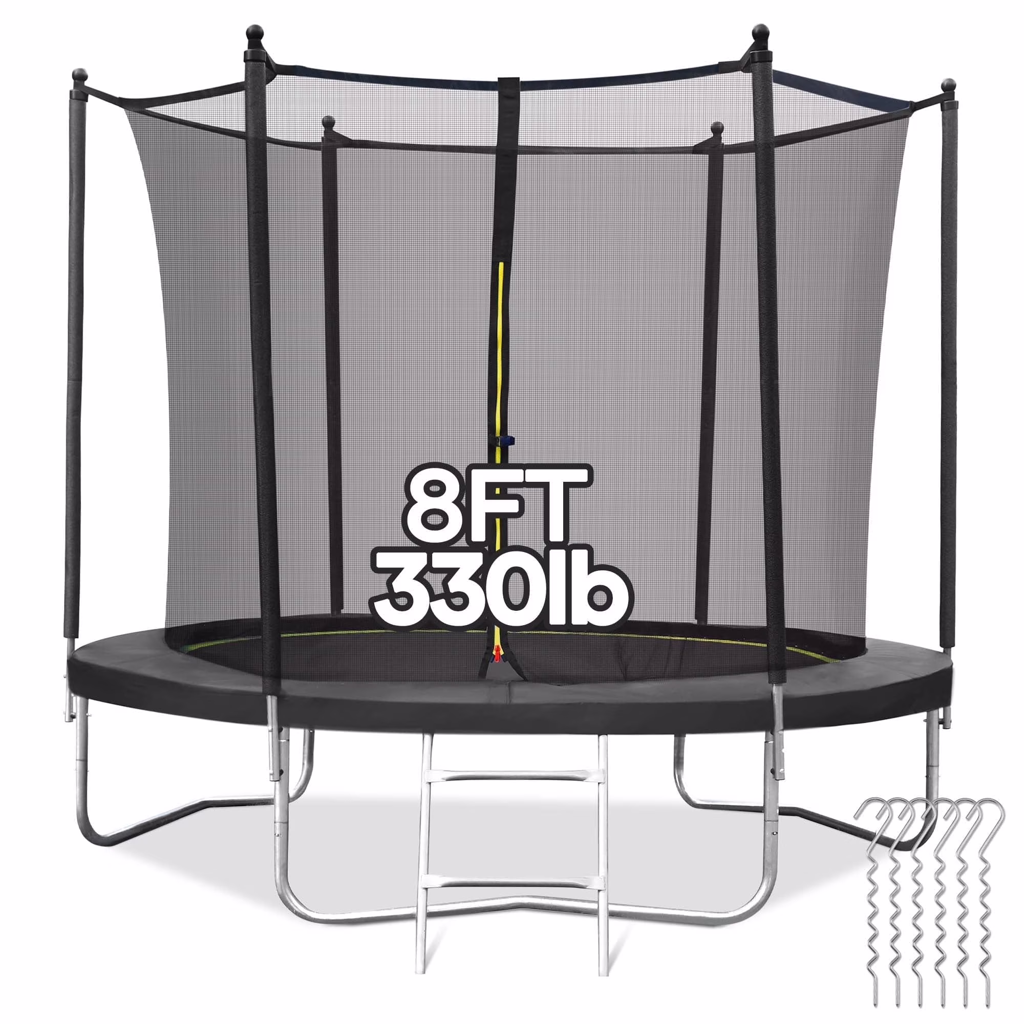 8FT Trampoline for Kids Trampoline with Enclosure Net, Ladder, Wind Stakes, Outdoor 330lbs Weight Capacity(8')